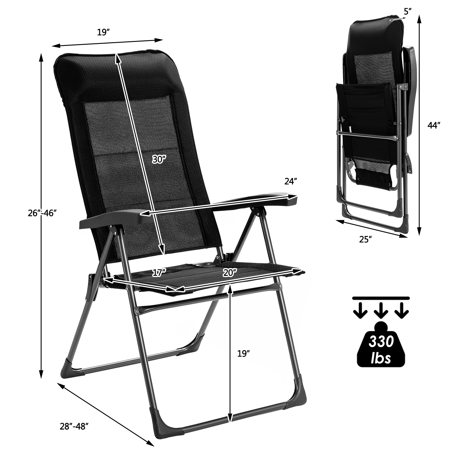 SUGIFT 2-Pc Portable Folding Patio Dining Chairs with Adjustable Backrest 330-Lb Capacity 28-in Chair Height Black