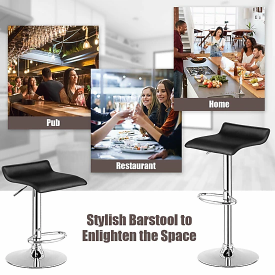 SUGIFT Set of 2 Black Adjustable Backless Swivel Bar Stools, 25-33 in, PU Leather, Chrome Base