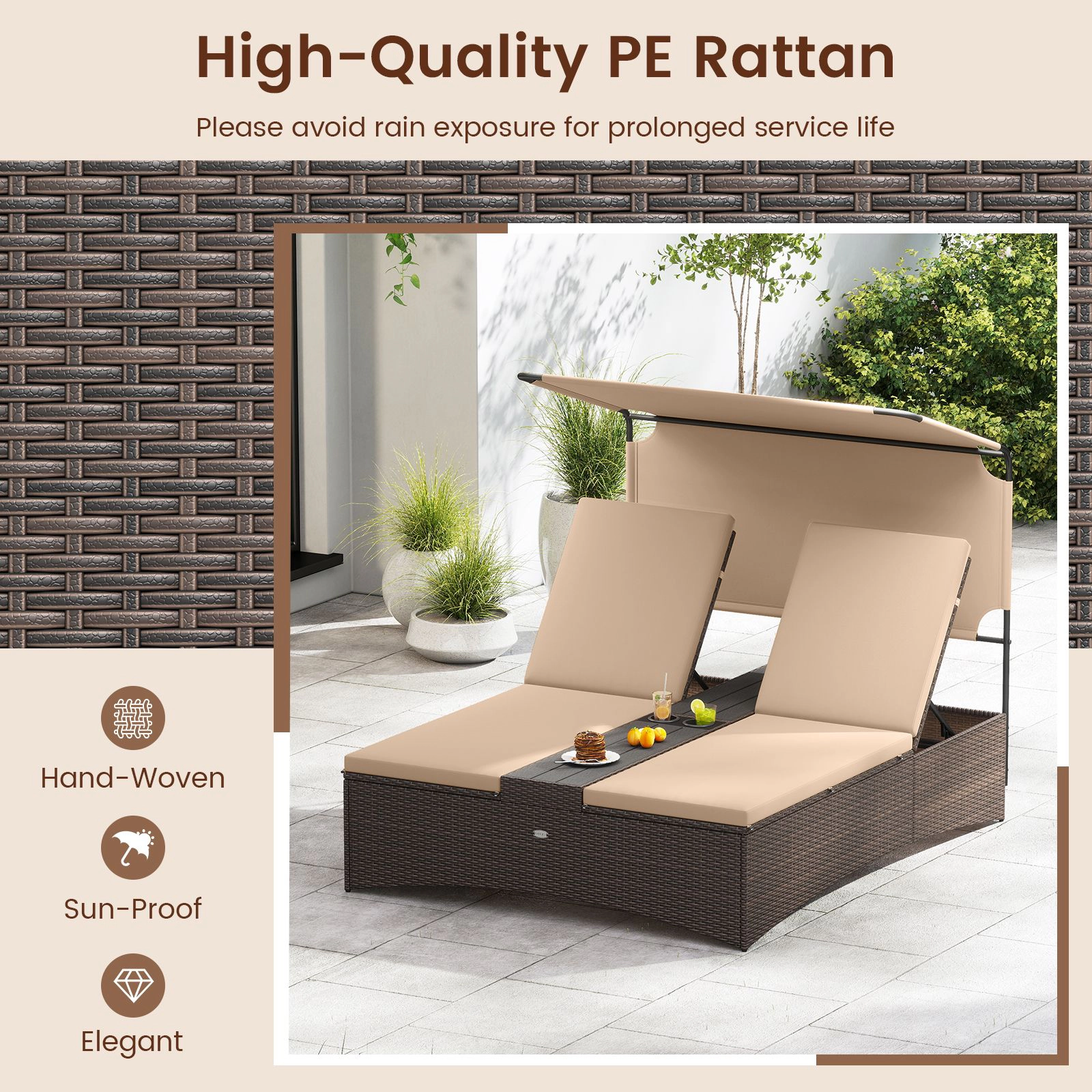 SlickBlue Unisex Outdoor 2-Person PE Rattan Daybed with Canopy