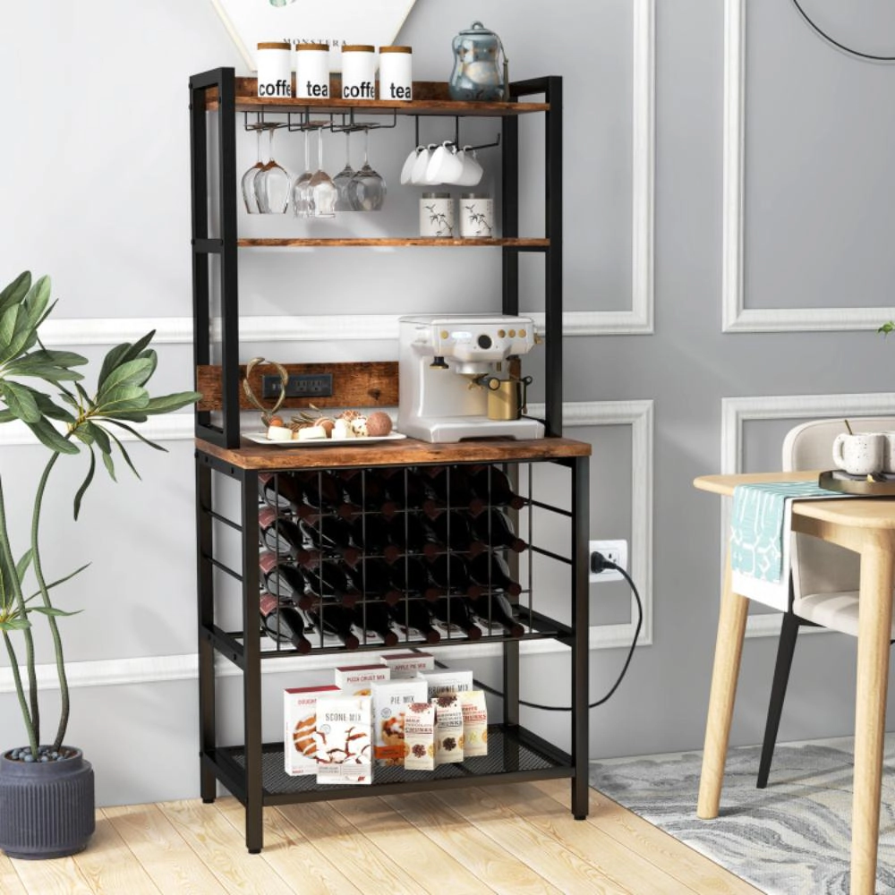 Hivvago Wine Bar Cabinet Wine Rack with 4 Tier Storage Shelves and Glass Holders-Brown