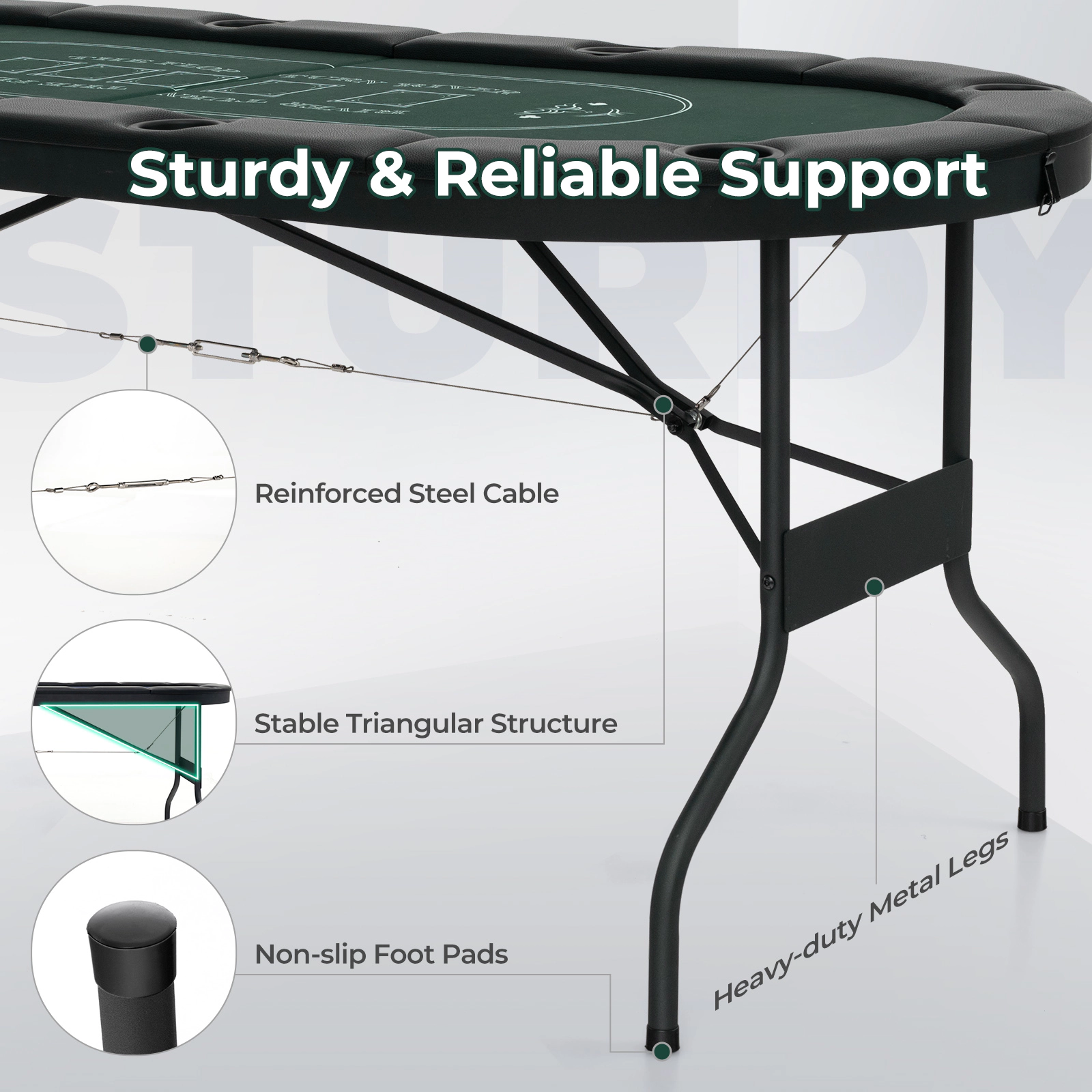 SUGIFT Foldable Oval Poker Table for 8 Players with Cup Holders and PU Leather Armrests Green 72-in Long