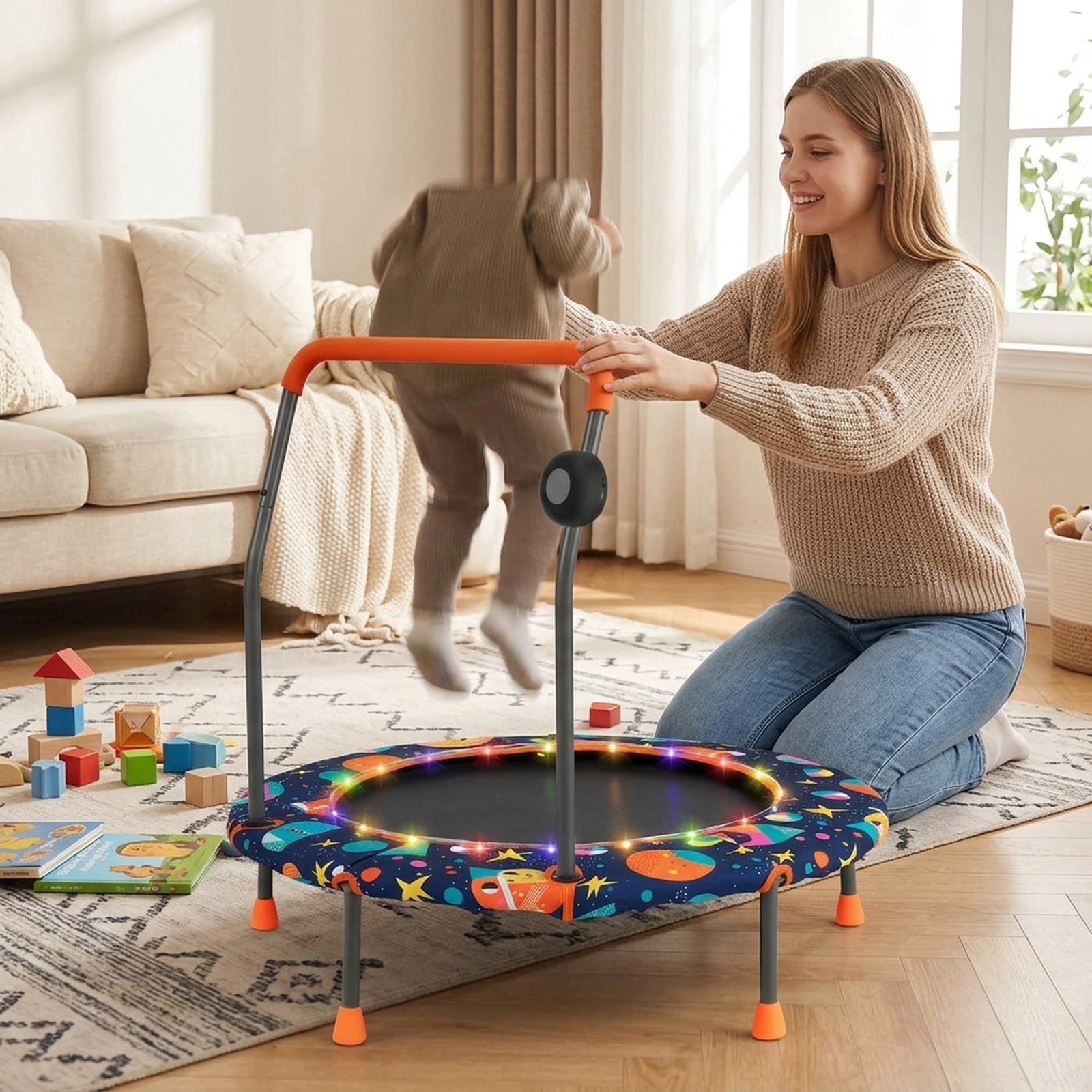 36-in Toddler Trampoline Bluetooth Speaker LED Lights Foam Handle Quiet Bungee Bounce Multicolor Ages 3+