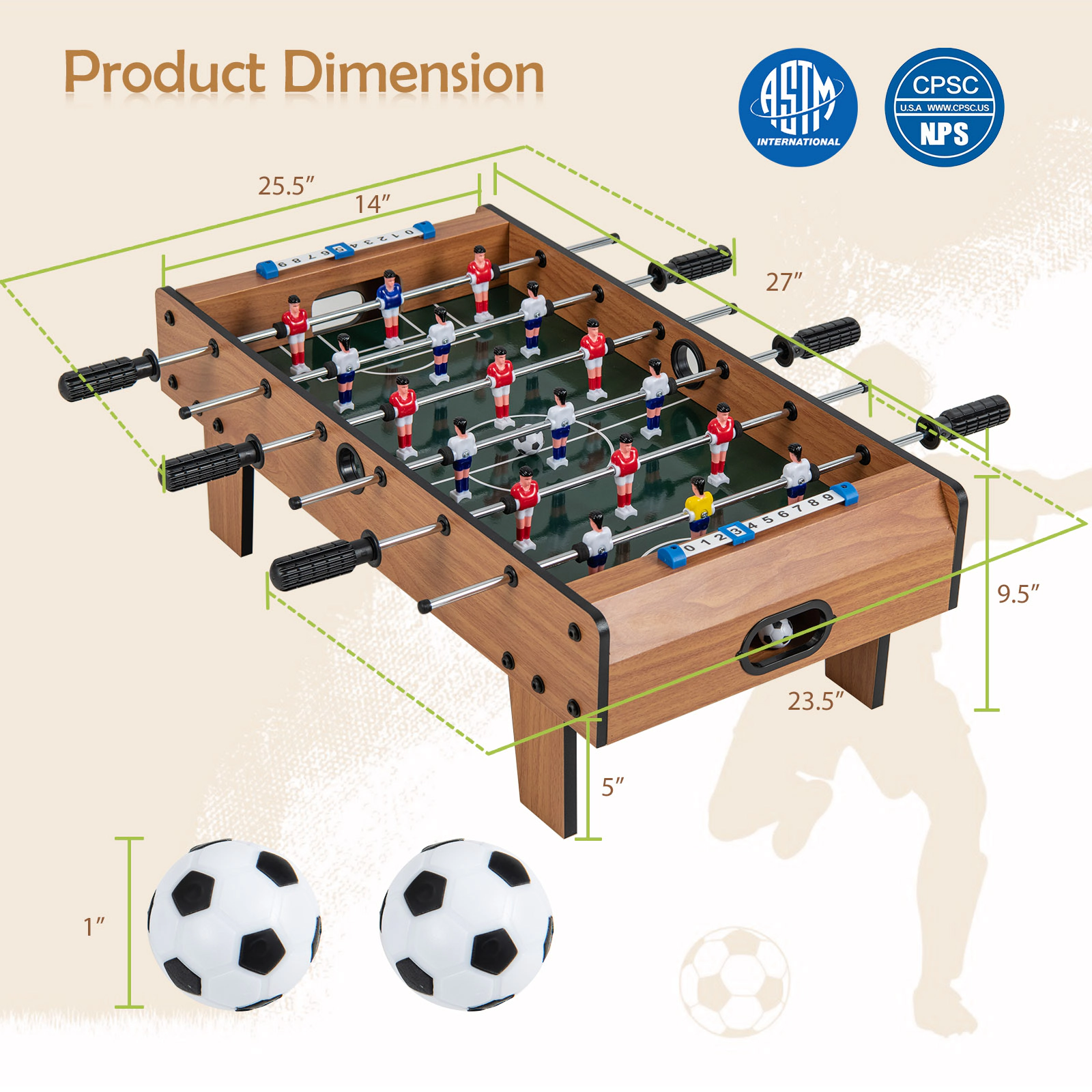 SUGIFT Natural Mini Tabletop Foosball Soccer Table with Scoreboard and Rubber Handles 27-in W 14-in D 9.5-in H