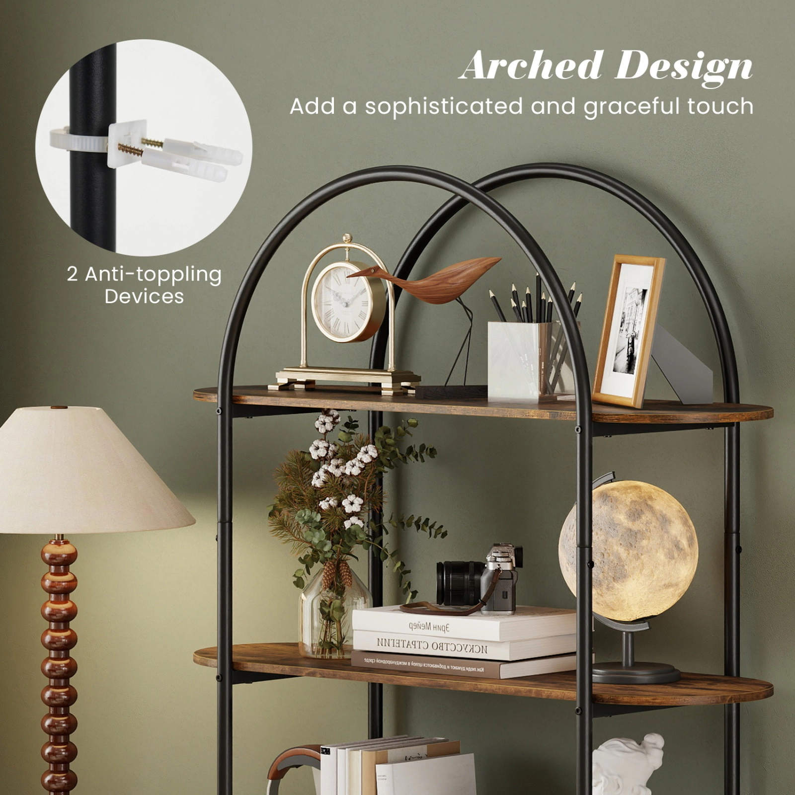 SUGIFT 4-Tier Arched Open Bookcase with Sturdy Metal Frame