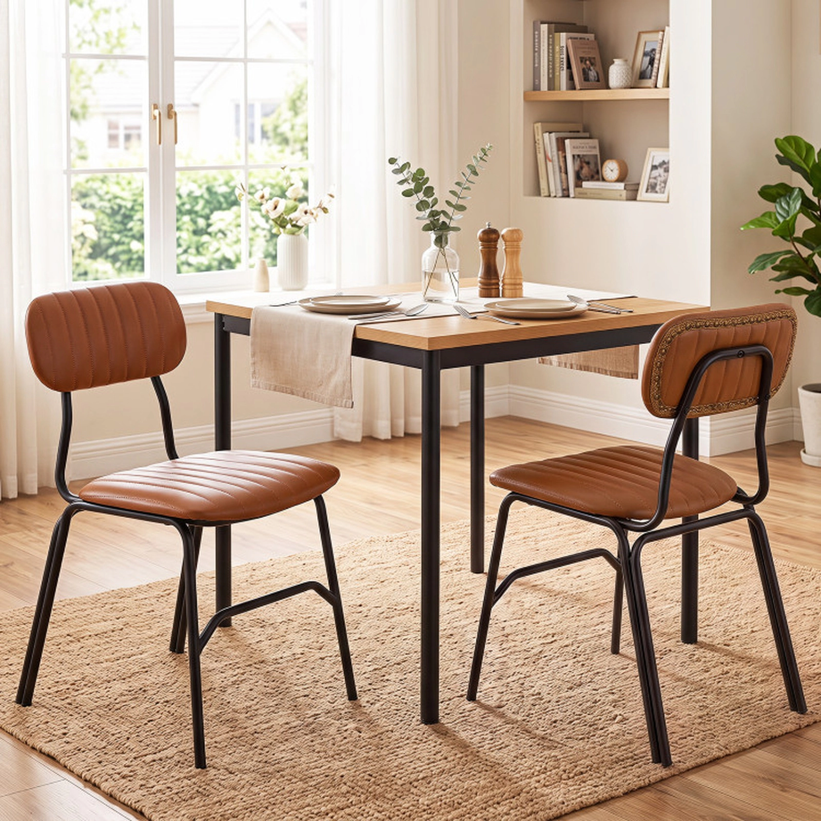 SUGIFT Set of 2 Brown PU Leather Dining Chairs with Rivet Trim