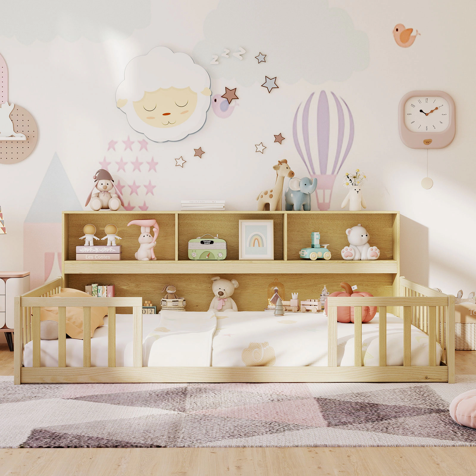 SUGIFT Integrated Bookcase and Full-Length Guardrails Pine Wood Full Kids Montessori Floor Bed