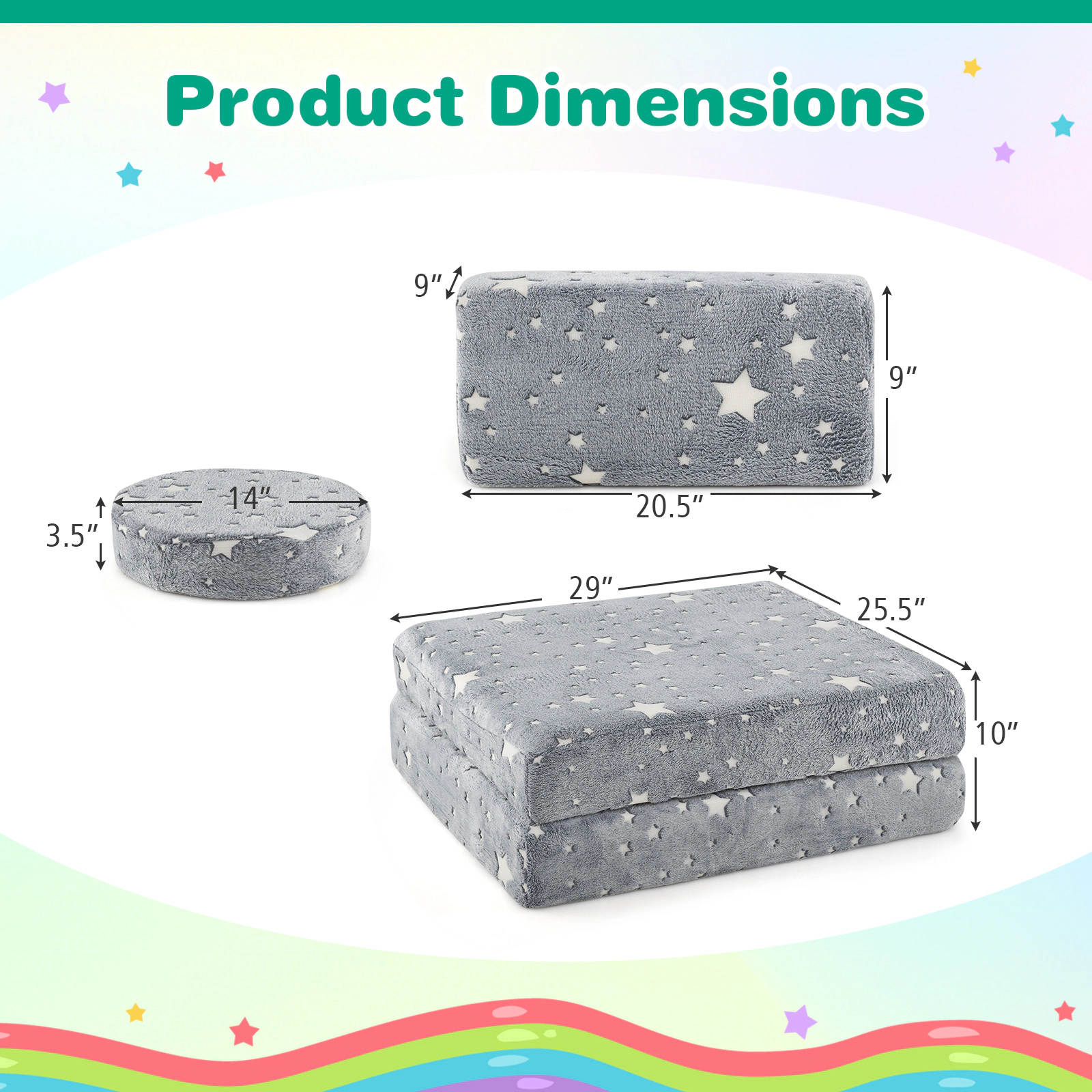 SUGIFT Glow in the Dark Modular Kids Play Couch Set Convertible Lounger Chairs and Beds 3+ Years Gray