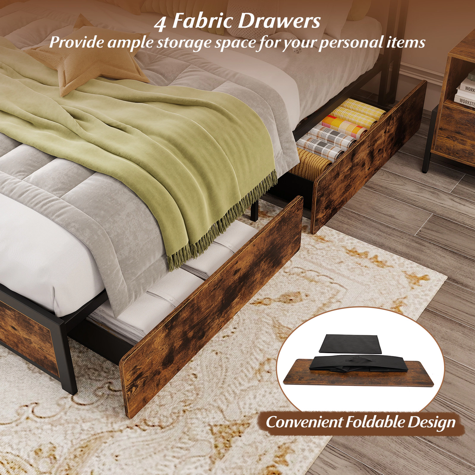 SUGIFT Full Size LED Bed Frame with Charging Station and 4 Storage Drawers 880-lb Capacity Rustic Brown + Black