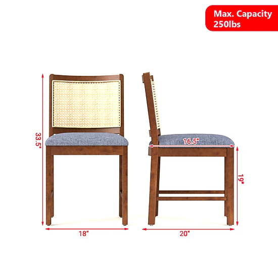 Hivvago Rattan-Accented Dining Chairs in a Set of Two with Rubberwood Frames and Linen Upholstered Seats