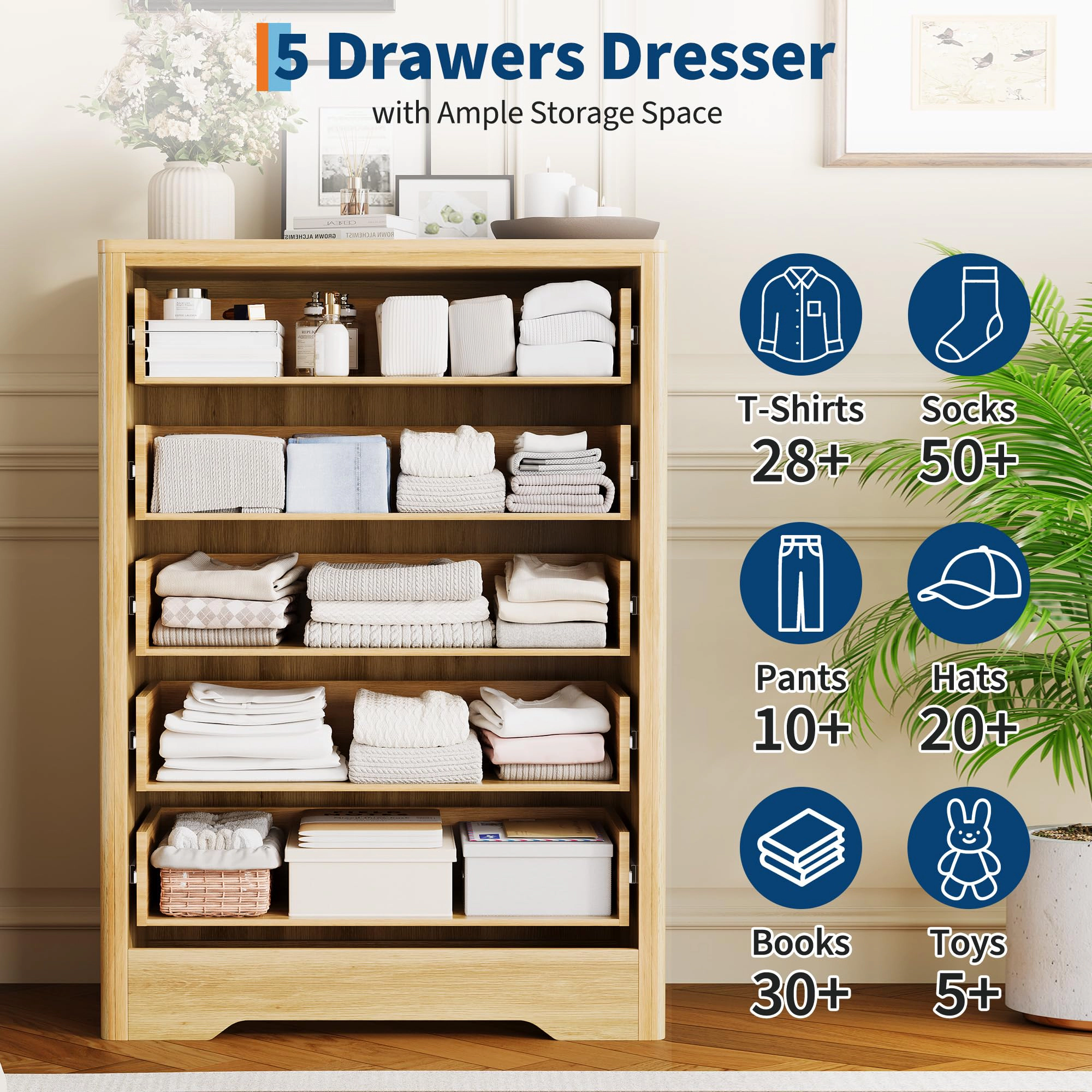 46.1" Tall 5 Drawer Wood Dresser with Decorative Fronts & Crystal Knobs, Narrow Storage Chest