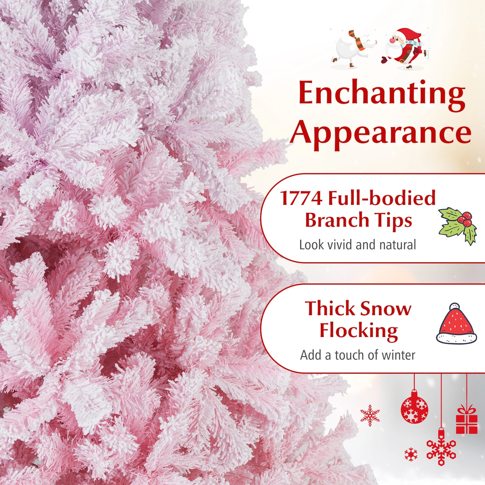 SUGIFT 8 ft White and Pink Flocked Christmas Tree with 1774 Branch Tips and Folding Metal Stand