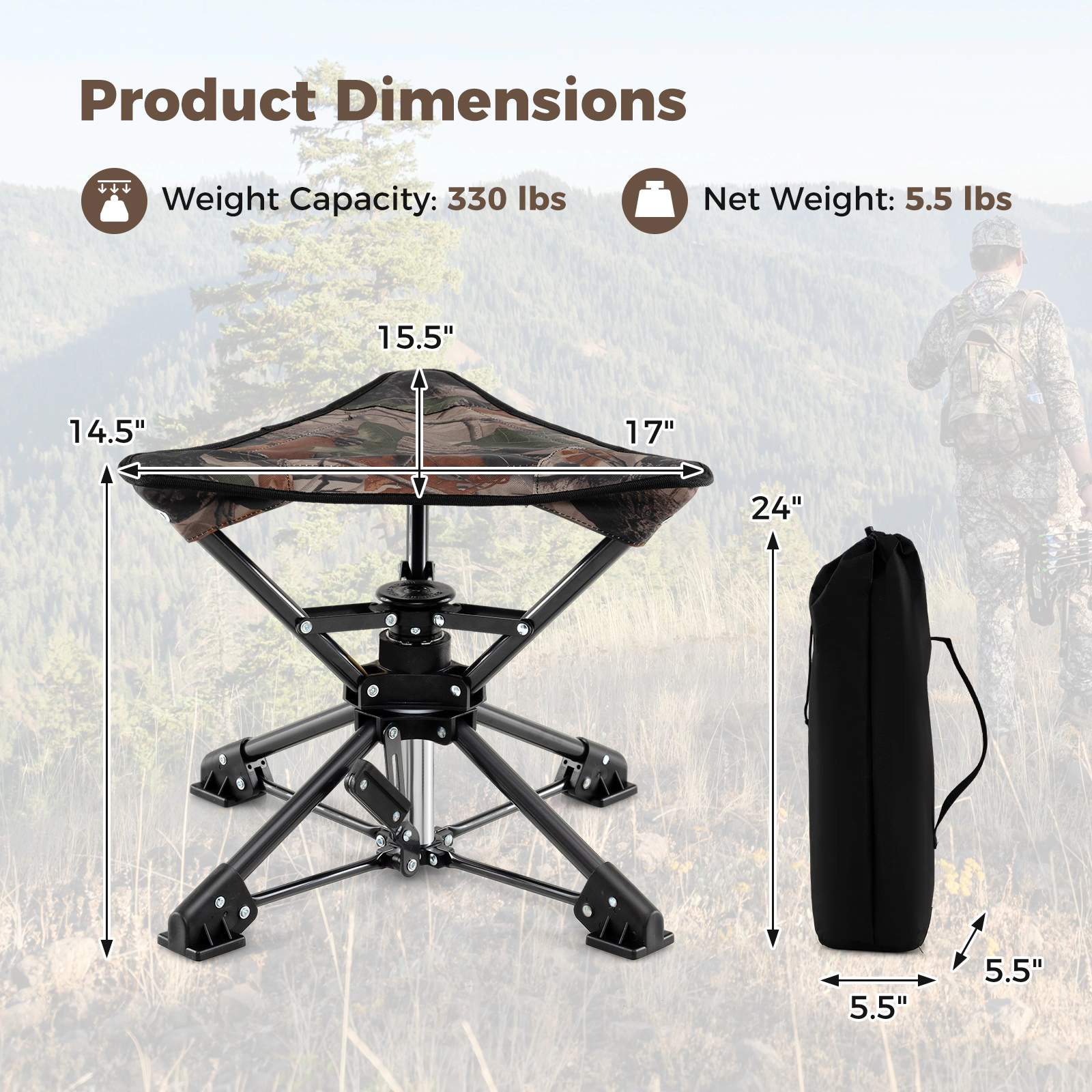 SUGIFT Camouflage 360-Degree Swivel Folding Camping Stool with Carry Bag 17-in W 14.5-in H 330-lb Seat Capacity