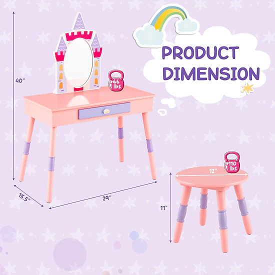 SUGIFT Pink Real Silver Mirror and Large Drawer Kids Vanity Table and Stool Set