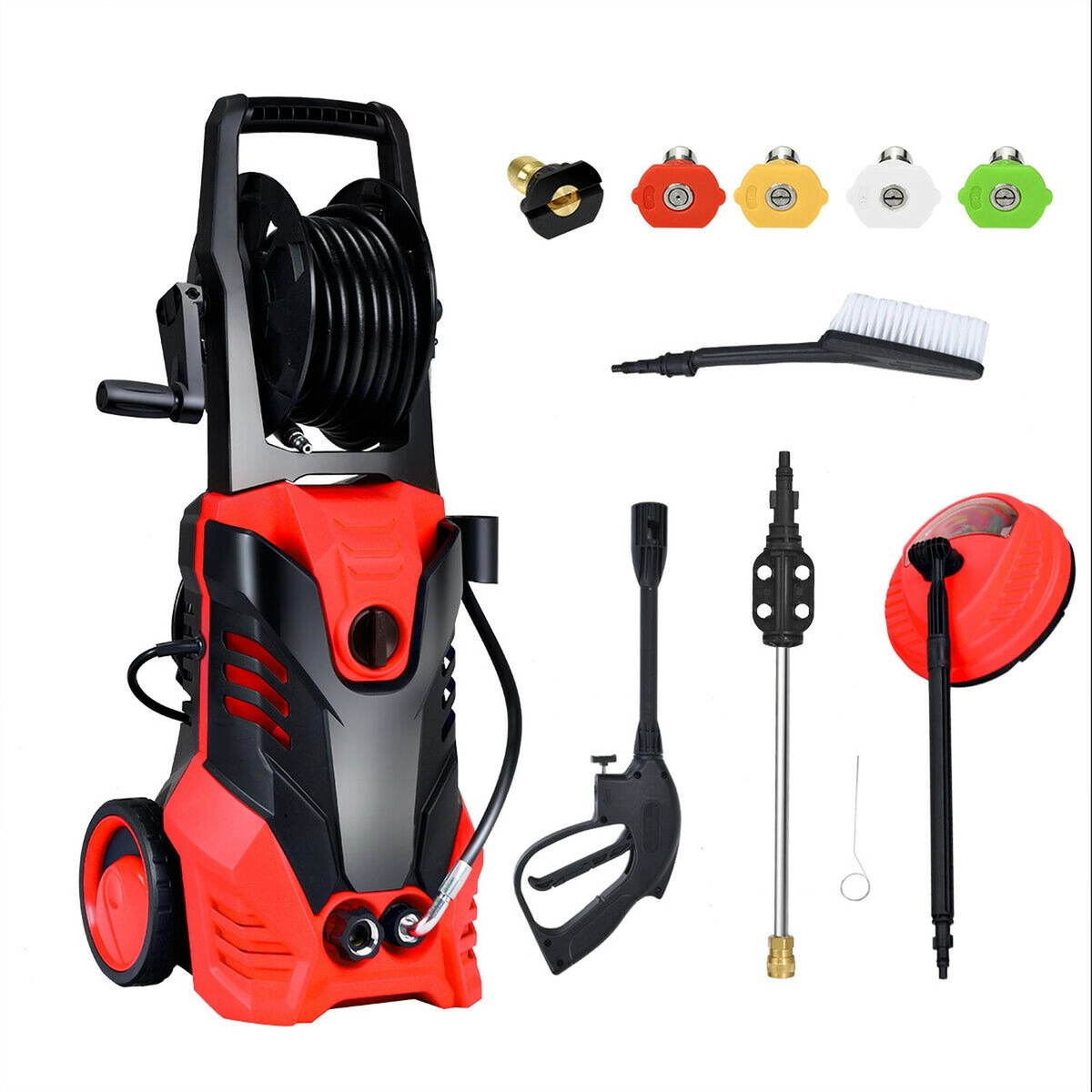 SUGIFT 3000-PSI 2-GPM Red Electric Pressure Washer with Patio Cleaner Hose Reel and 5 Steel Nozzles