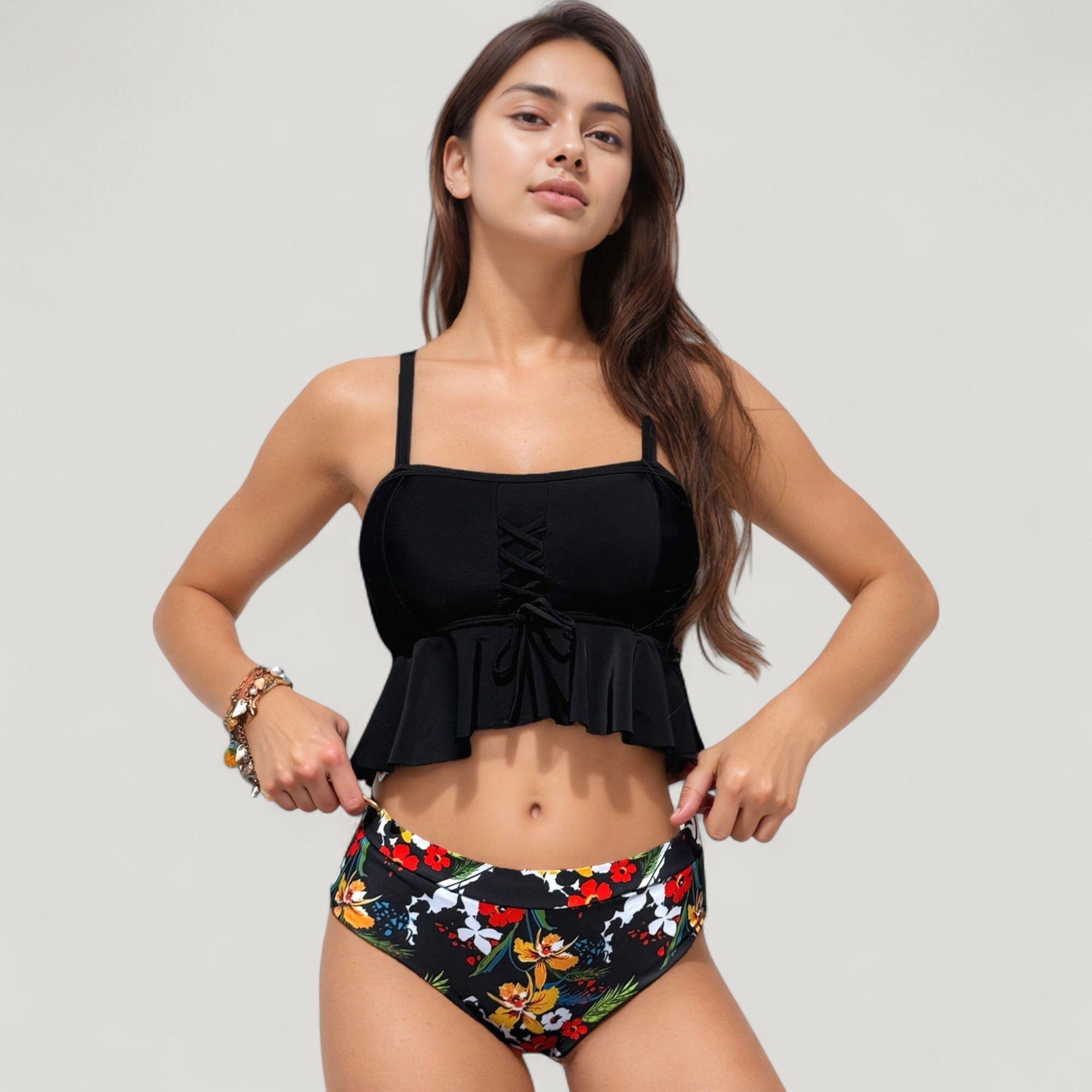 Anna-Kaci Women's Peplum Lace-Up Tankini Top, High-Waist Floral Bikini Bottom Two-Piece Swimsuit
