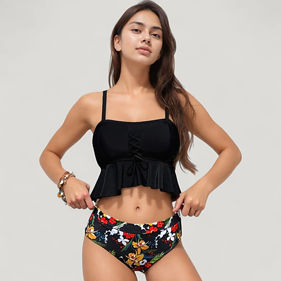 Anna-Kaci Women's Peplum Lace-Up Tankini Top and High Waist Floral Print Bikini Bottom 2-Piece Swimsuit