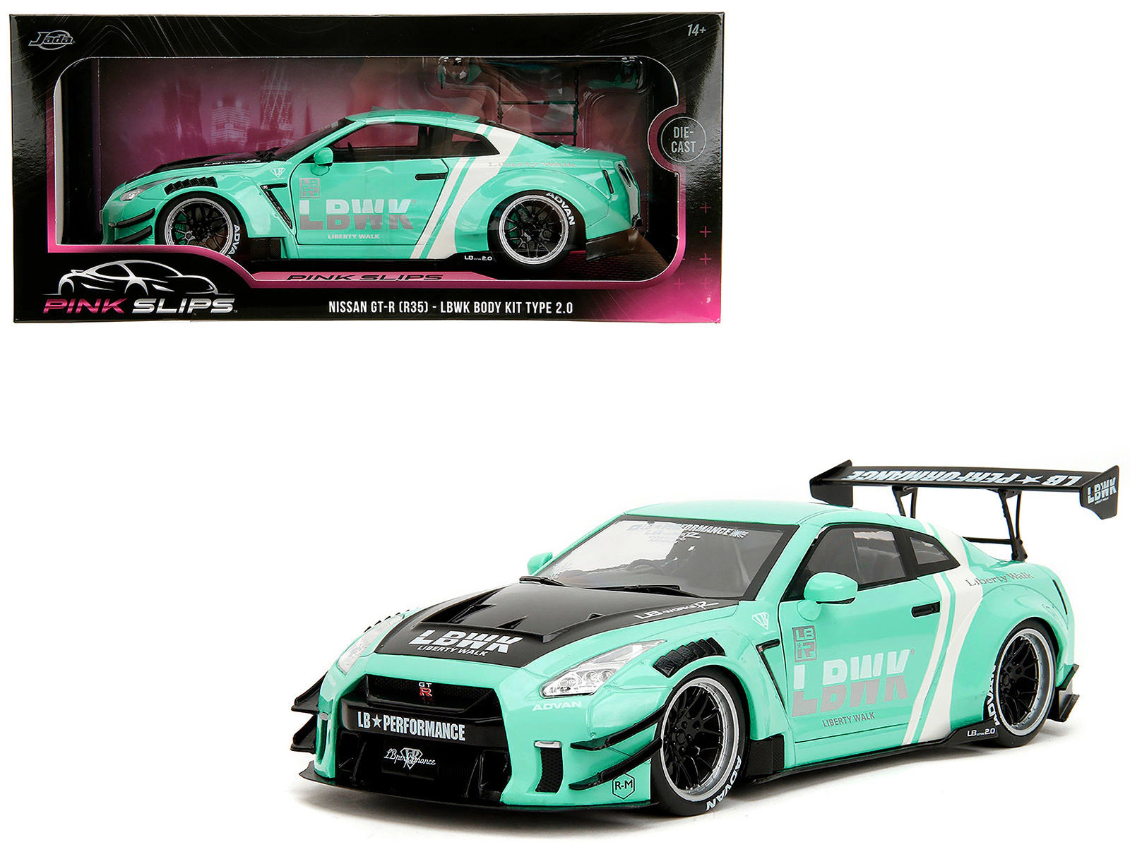 Jada Nissan GT-R (R35) Liberty Walk Body Kit 2.0 RHD (Right Hand Drive) Light Blue with Black Hood and White