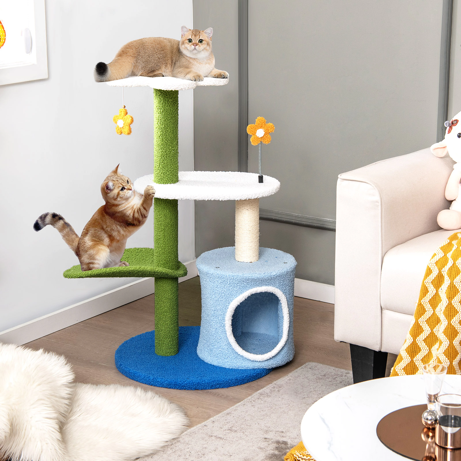 SUGIFT Blue 34.5 in 4-Tier Cat Tree with Leaf-Shaped Perch Condo and Jingling Balls