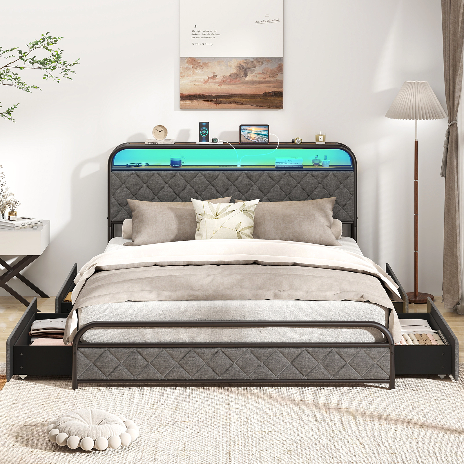 SUGIFT Queen Platform Bed Frame with LED Lights, Charging Station, 4 Storage Drawers, Bookcase Headboard, Black
