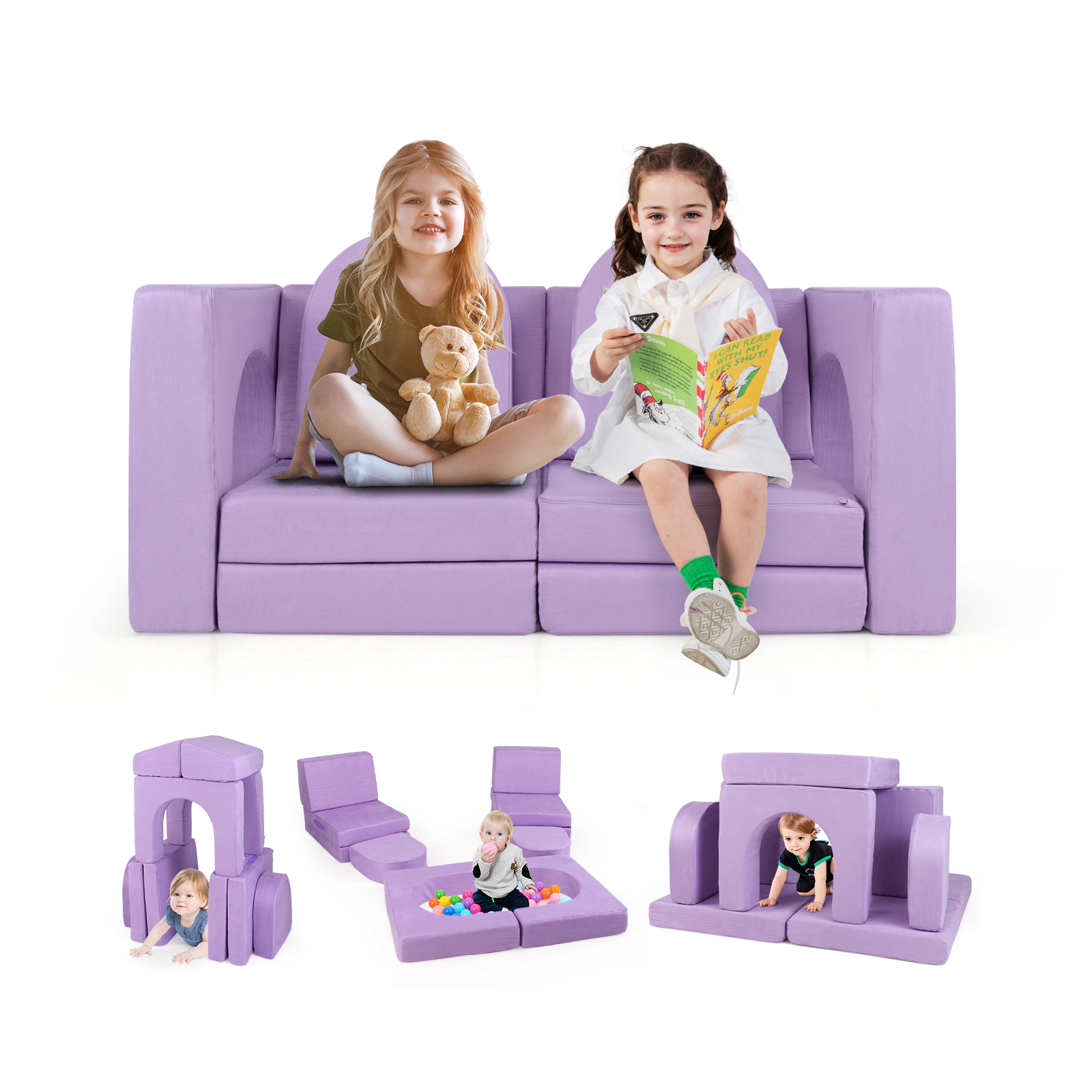 SUGIFT 8-Piece Modular Kids Play Couch Office Chair with Suede Fabric 56-in Wide Purple