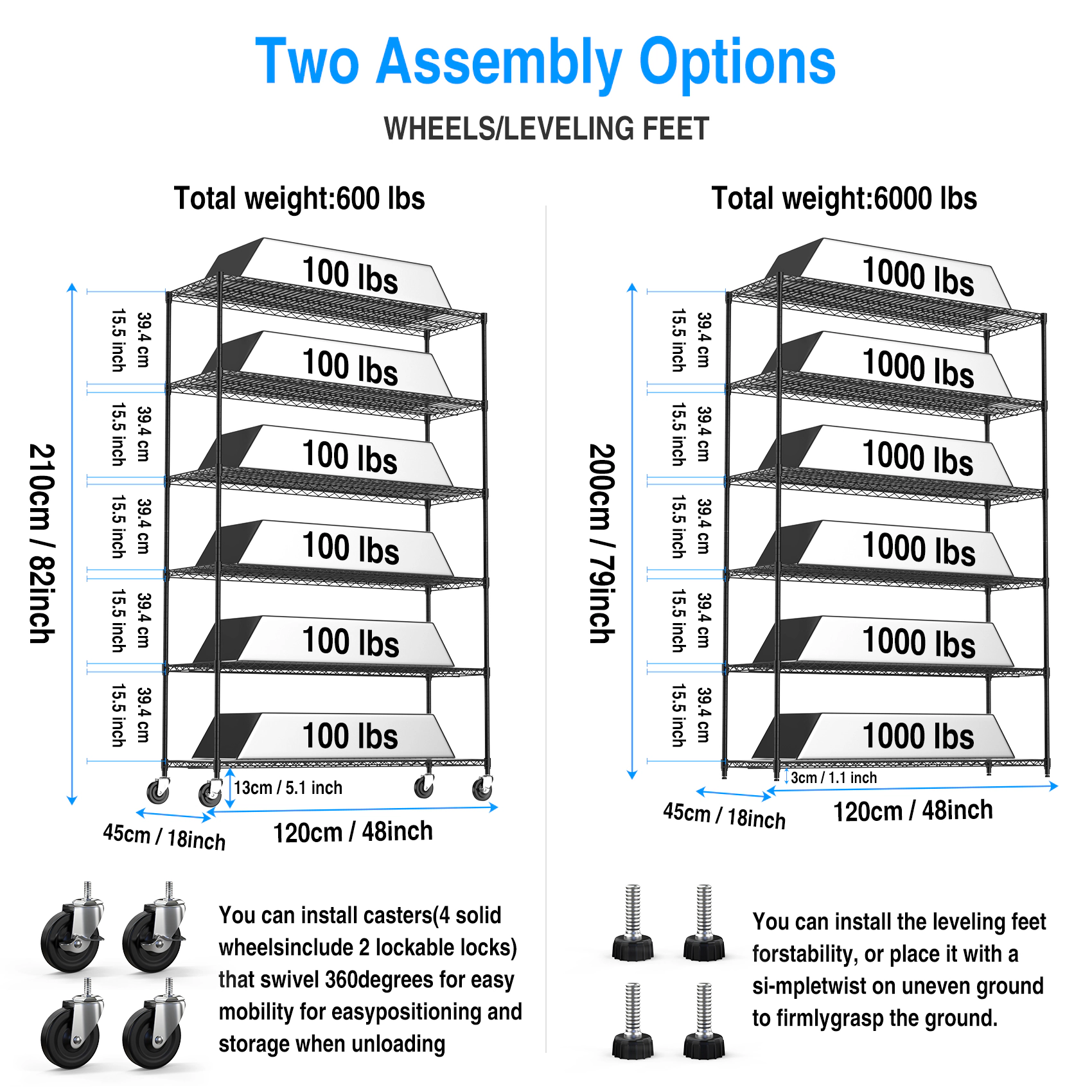 Flynama 6 Tier Wire Shelving 6000 LBS NSF with Wheels Adjustable Height Garage Storage Unit in Black