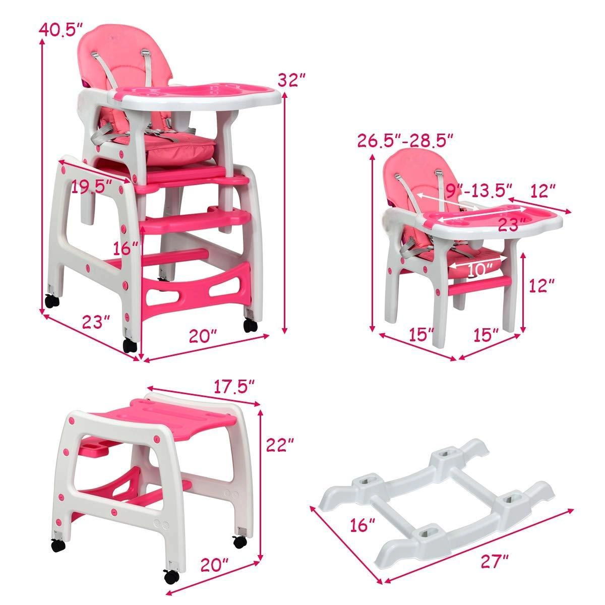 SUGIFT Pink Lockable Universal Wheels Rocking Base and Toddler Table 3-in-1 Baby High Chair