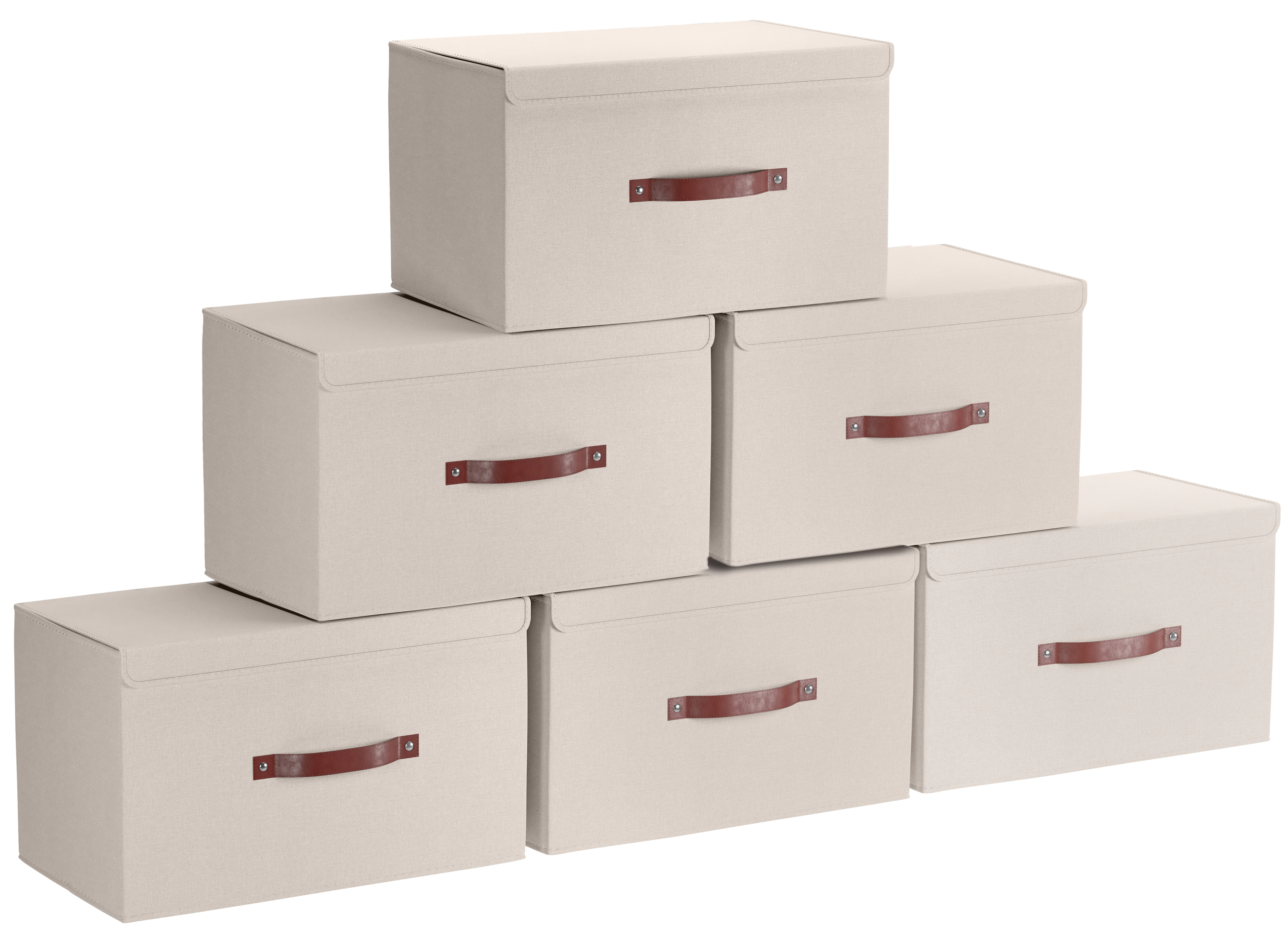 Ornavo Home 6 Pack Foldable Linen Storage Bin with Faux Leather Handles and Lid