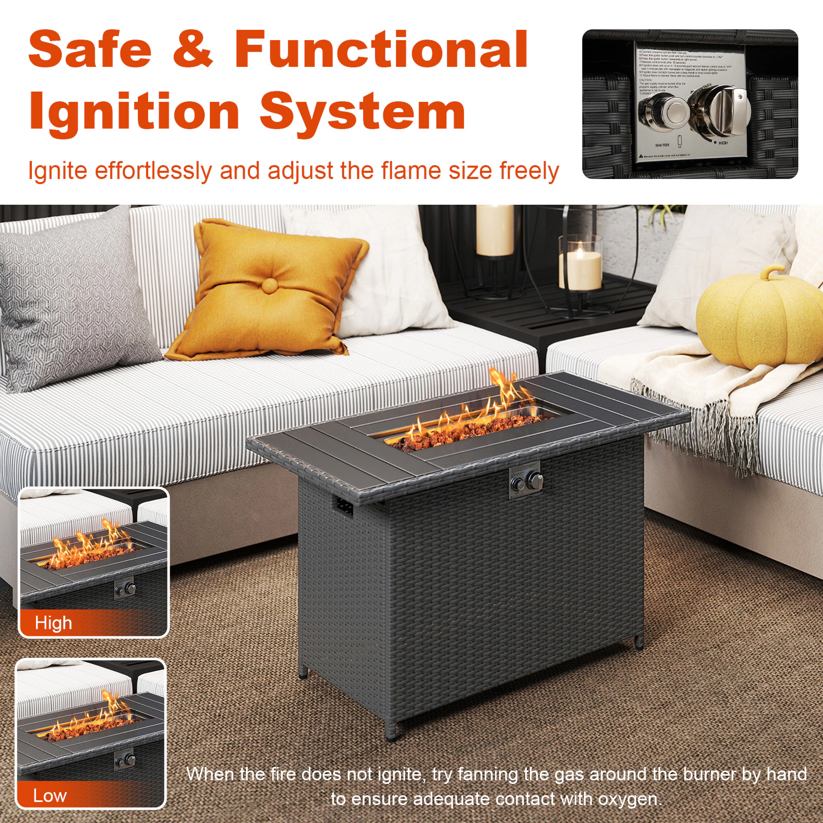 SUGIFT 44.5-in Propane Rattan Gas Fire Pit Table 50,000 BTU 220-lb Tabletop Capacity 2-in-1 Stainless Steel Burner Black