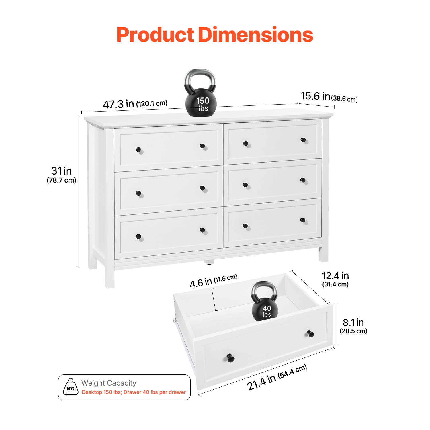 HONGGE 6-Drawer White Dresser & TV Stand with Anti-Tip Device, 150 lb Capacity Retro Minimalist Storage Chest