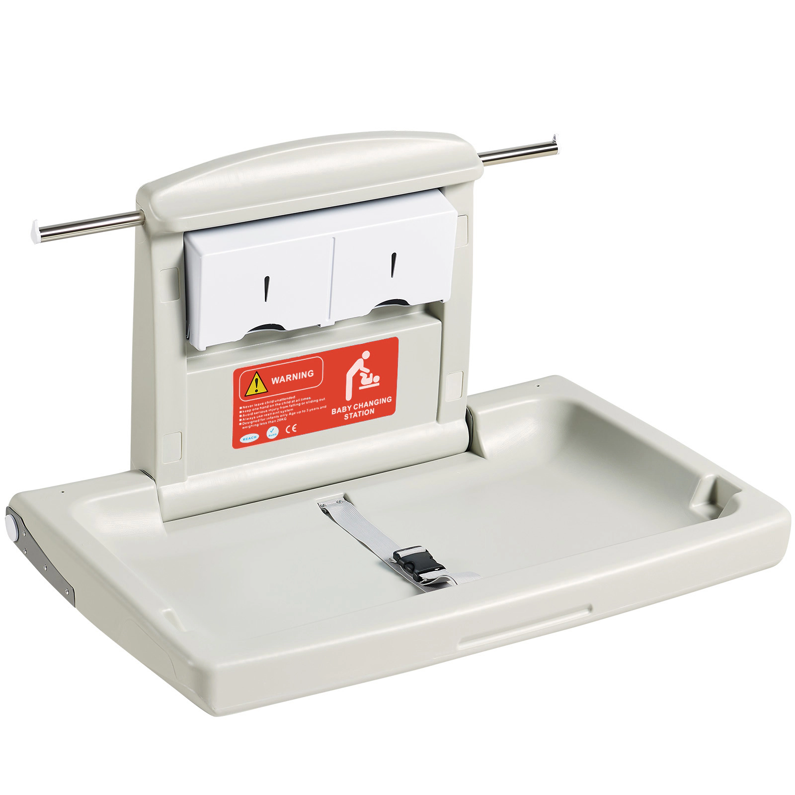 HONGGE Wall-Mounted Baby Changing Station with L-Shaped Fold, Safety Strap, for Commercial Bathrooms & Daycares