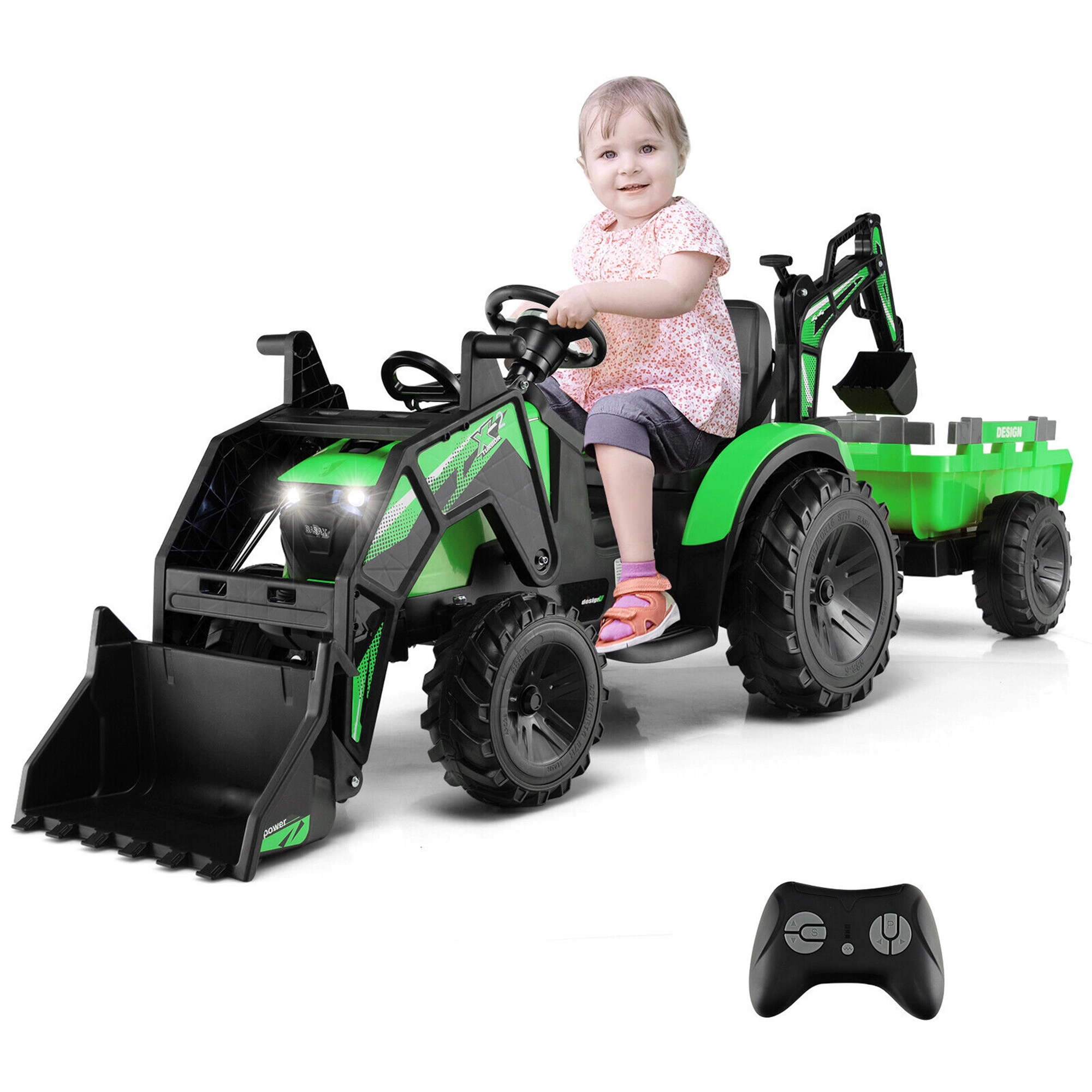 Costway 3-in-1 Kids Ride On Excavator Bulldozer 12V Electric Tractor Remote w/ Trailer Green