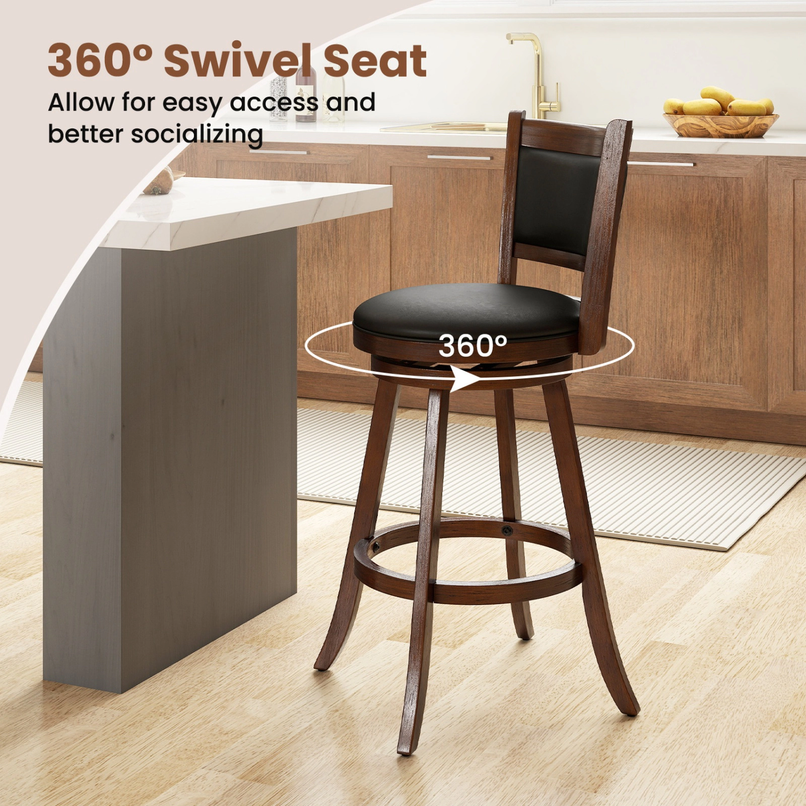SUGIFT Set of 2 29-Inch Swivel Bar Stools, Rubber Wood Frame, Cushioned PVC Seat, Panel Back
