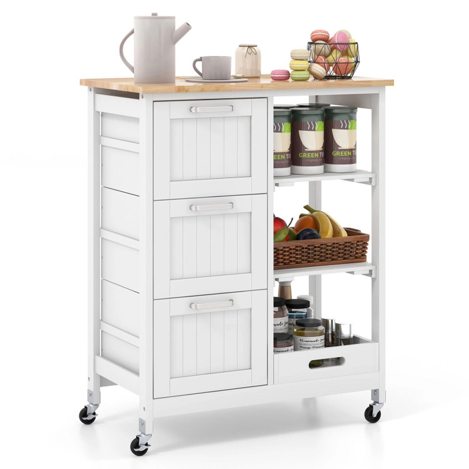 SUGIFT White Rolling Kitchen Island Utility Cart with 3 Drawers and Rubber Wood Top 26.5-in W 14.5-in D 33-in H