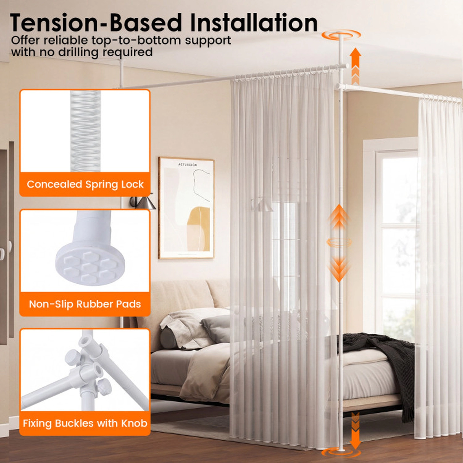 SUGIFT Drill-Free Spring Lock 9-Level Tension Room Divider Curtain Rod 28-in to 142-in 4-ft to 10-ft Tall White