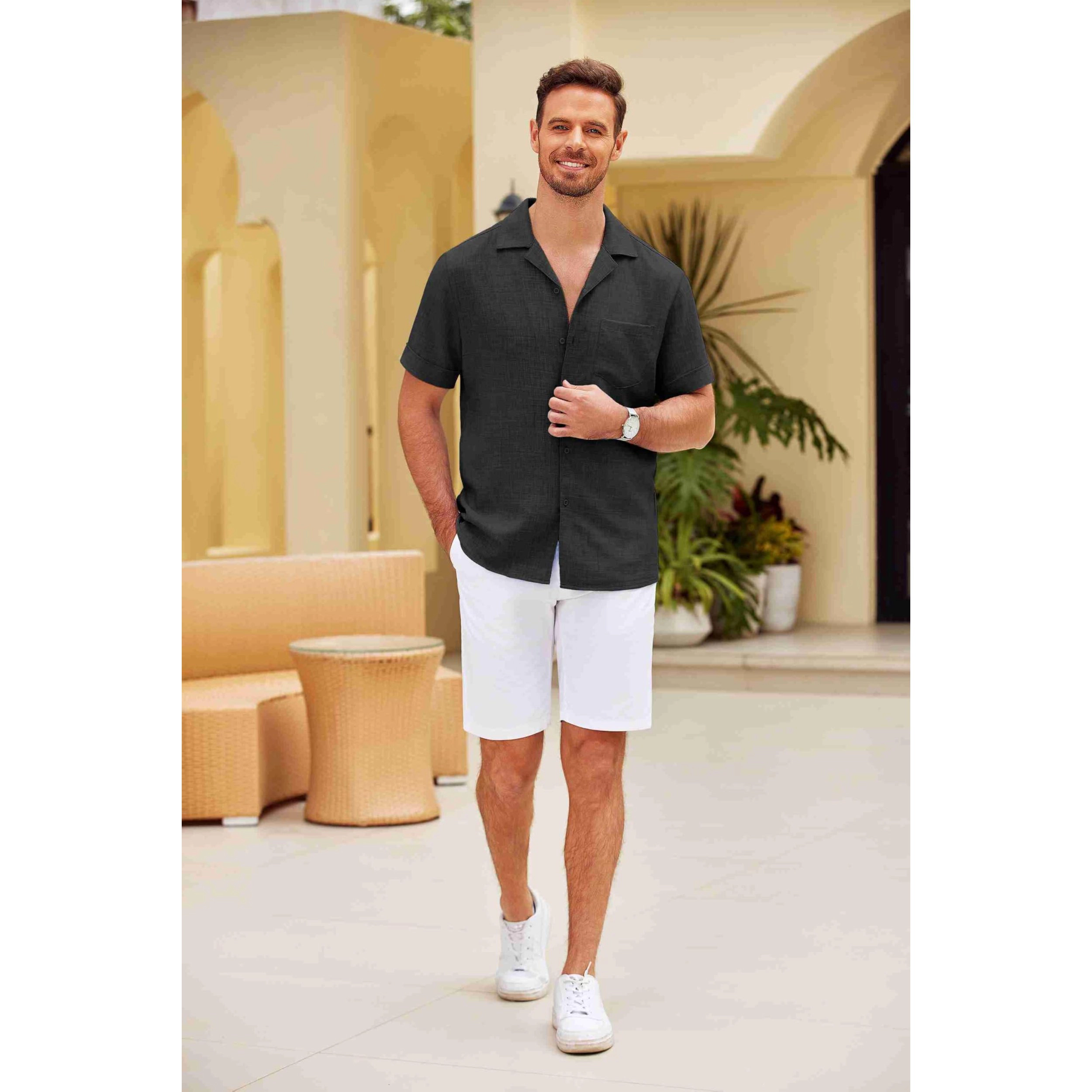 COOFANDY Men's Regular Fit Lightweight Linen Blend Short Sleeve Camp Shirt