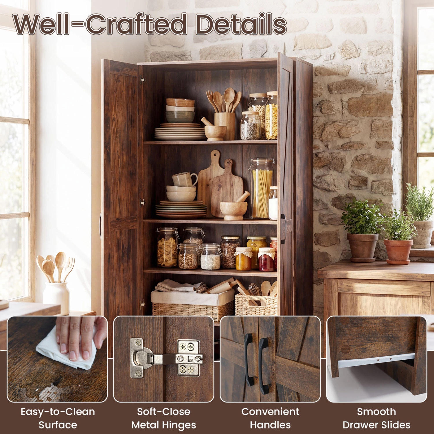 Glintex 72-Inch Farmhouse Pantry Cupboard with 5-Tier Shelves and Drawer