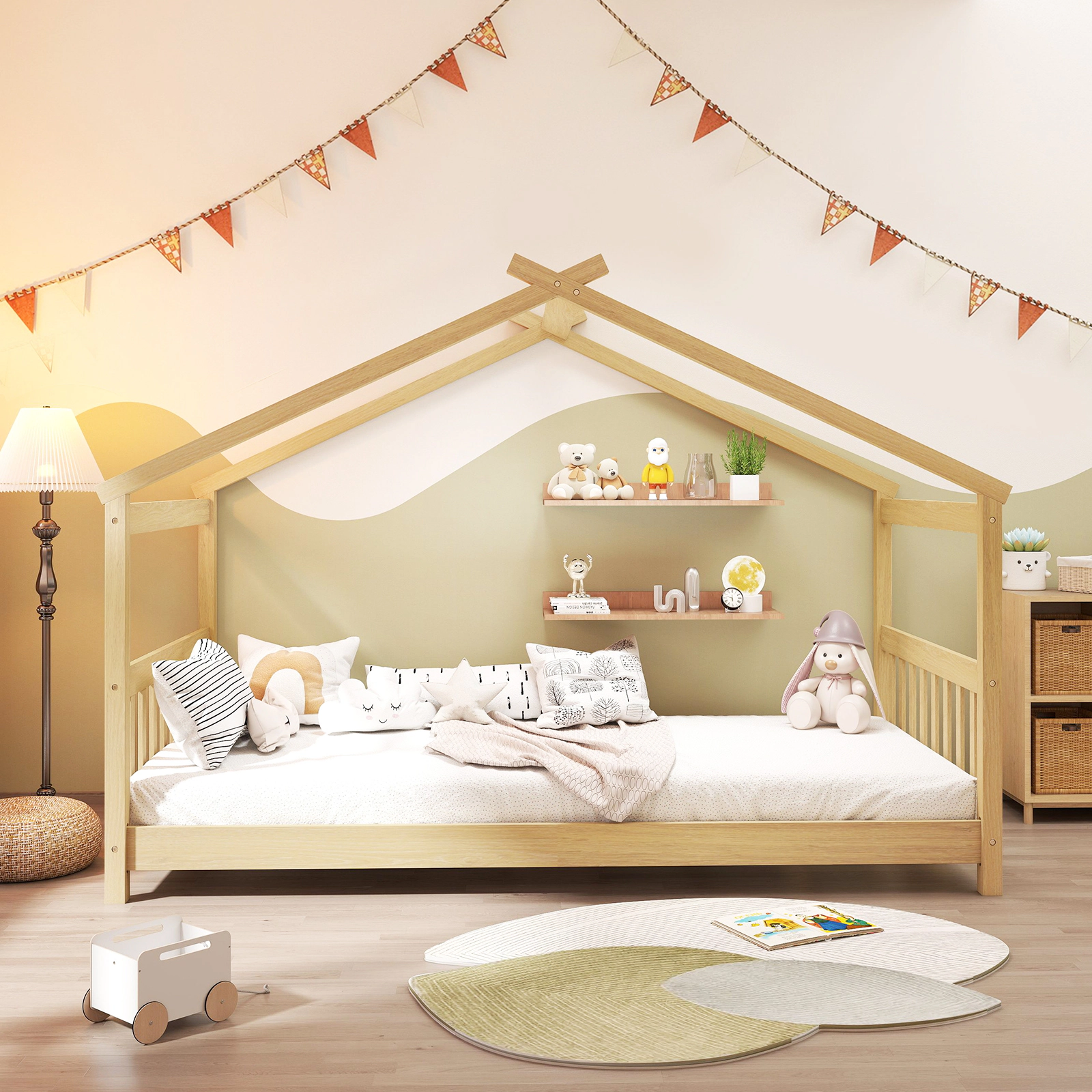 SUGIFT Twin Size Wooden House Bed Frame with Roof 350-lb Capacity Pine Wood Plywood 82-in Long White/Natural
