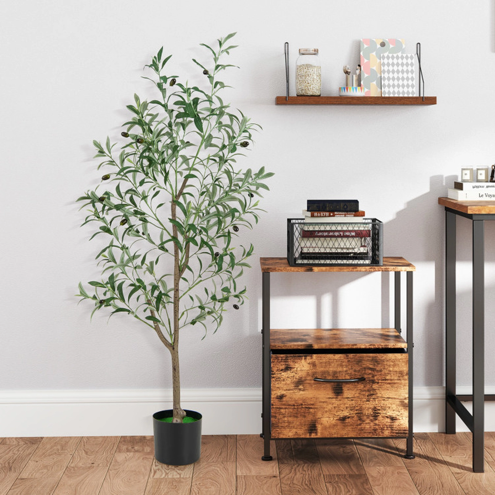 SUGIFT Full-Bodied Artificial Olive Tree Potted Set of 2 51-in Tall with Realistic Fruits Green+White
