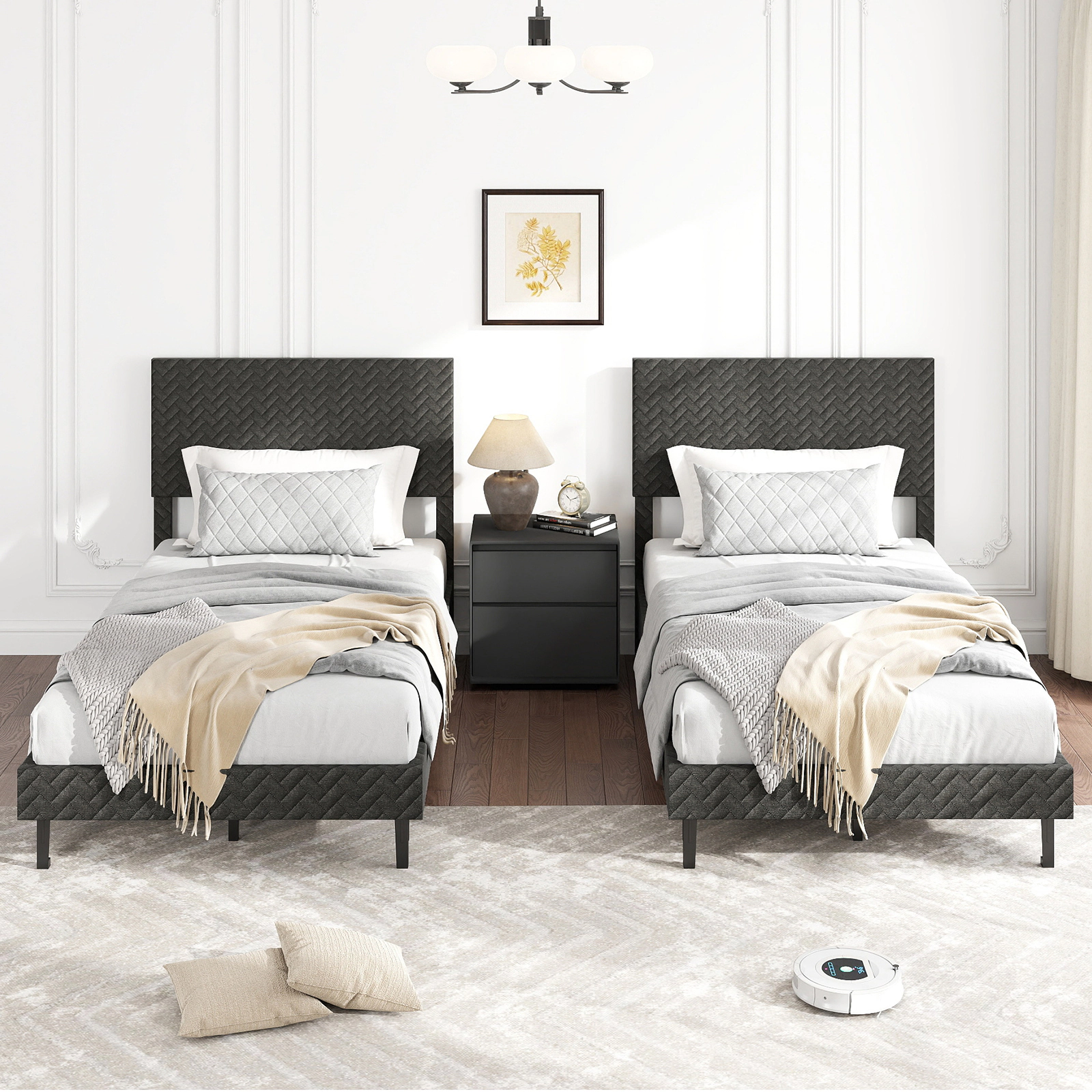 SUGIFT Velvet Upholstered Platform Twin Bed Frame with Adjustable Chevron Headboard 500-Lb Capacity 77.5-in Frame Gray