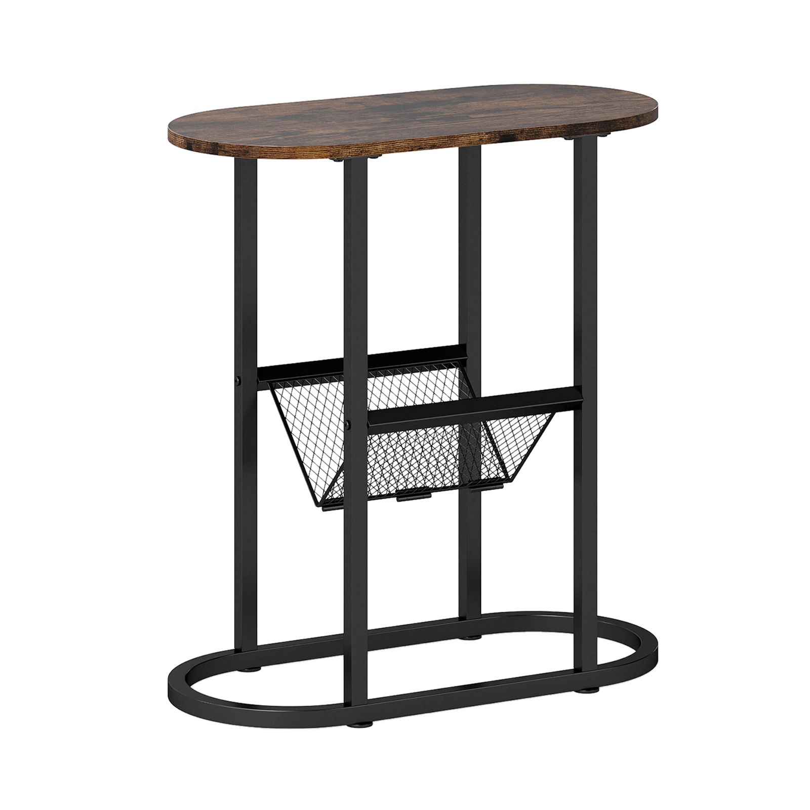 Glintex Narrow Oval End Table with Mesh Lower Shelf and Steel Frame, Rustic Brown
