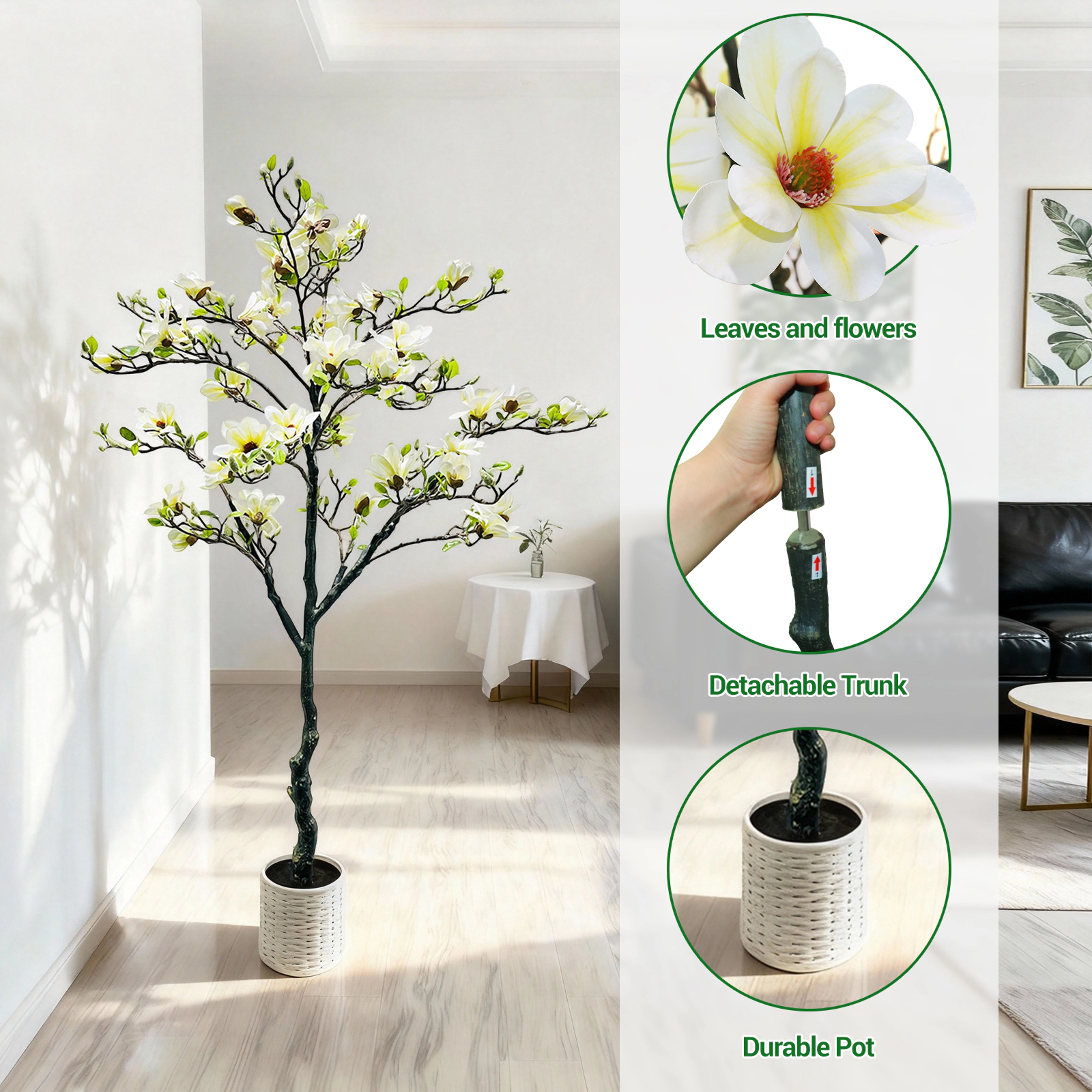 6FT Artificial Magnolia Flower Tree with Pot,Real Touch Silk Faux Plant Decor