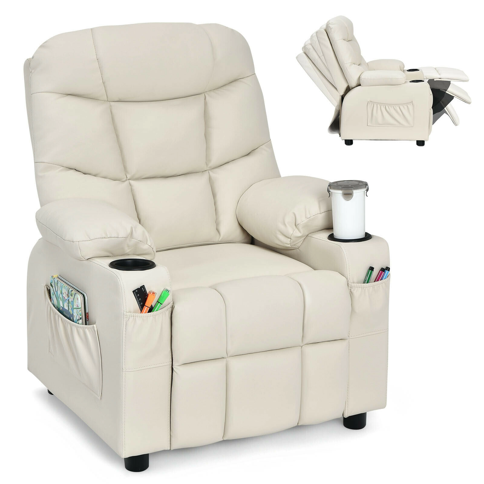 SUGIFT Kids PU Leather Cup Holders Side Pockets Footrest Recliner 26-in x 28-in x 34-in 120-lb Capacity Ages 3+ Beige