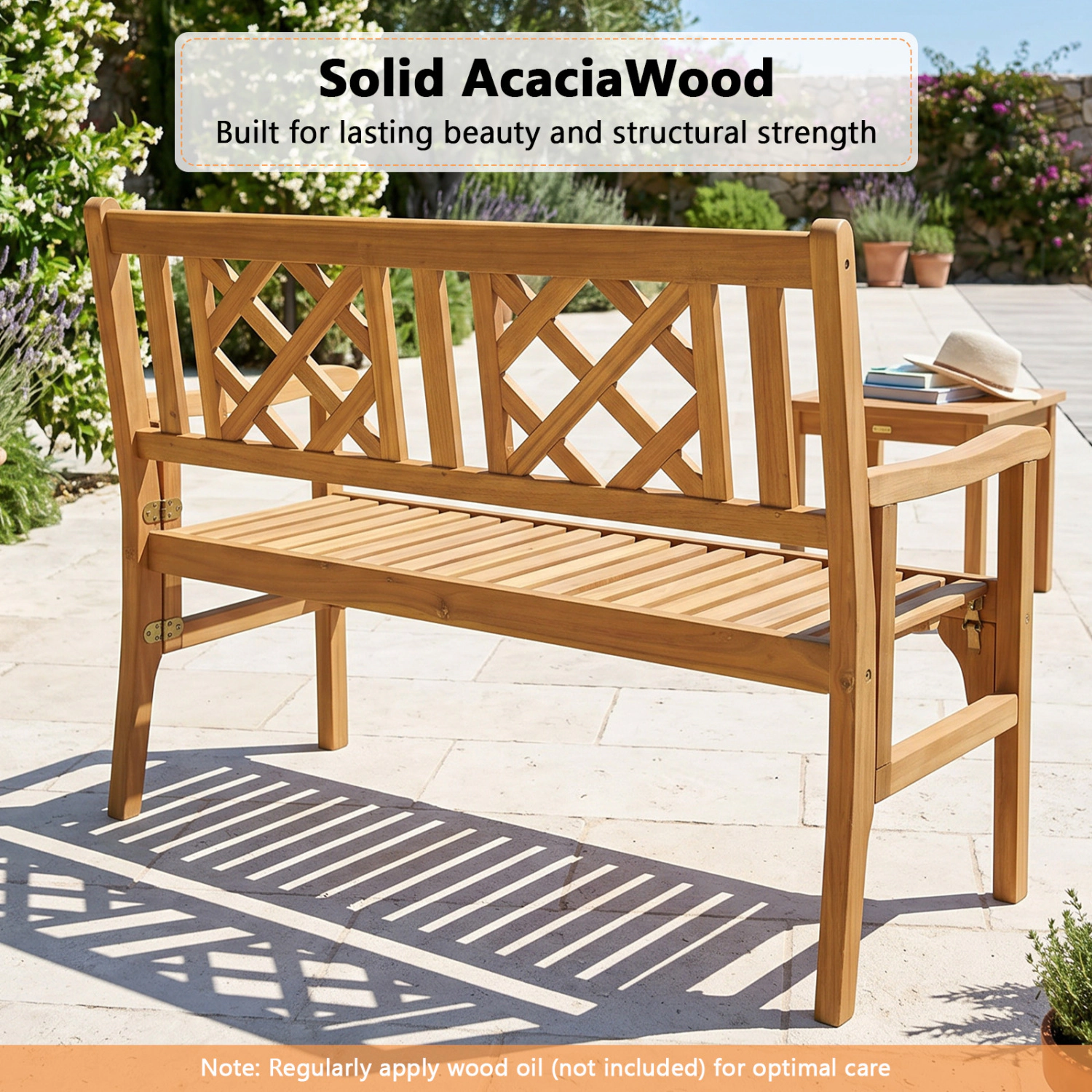 LJG Patio Foldable Bench with Curved Backrest and Armrest