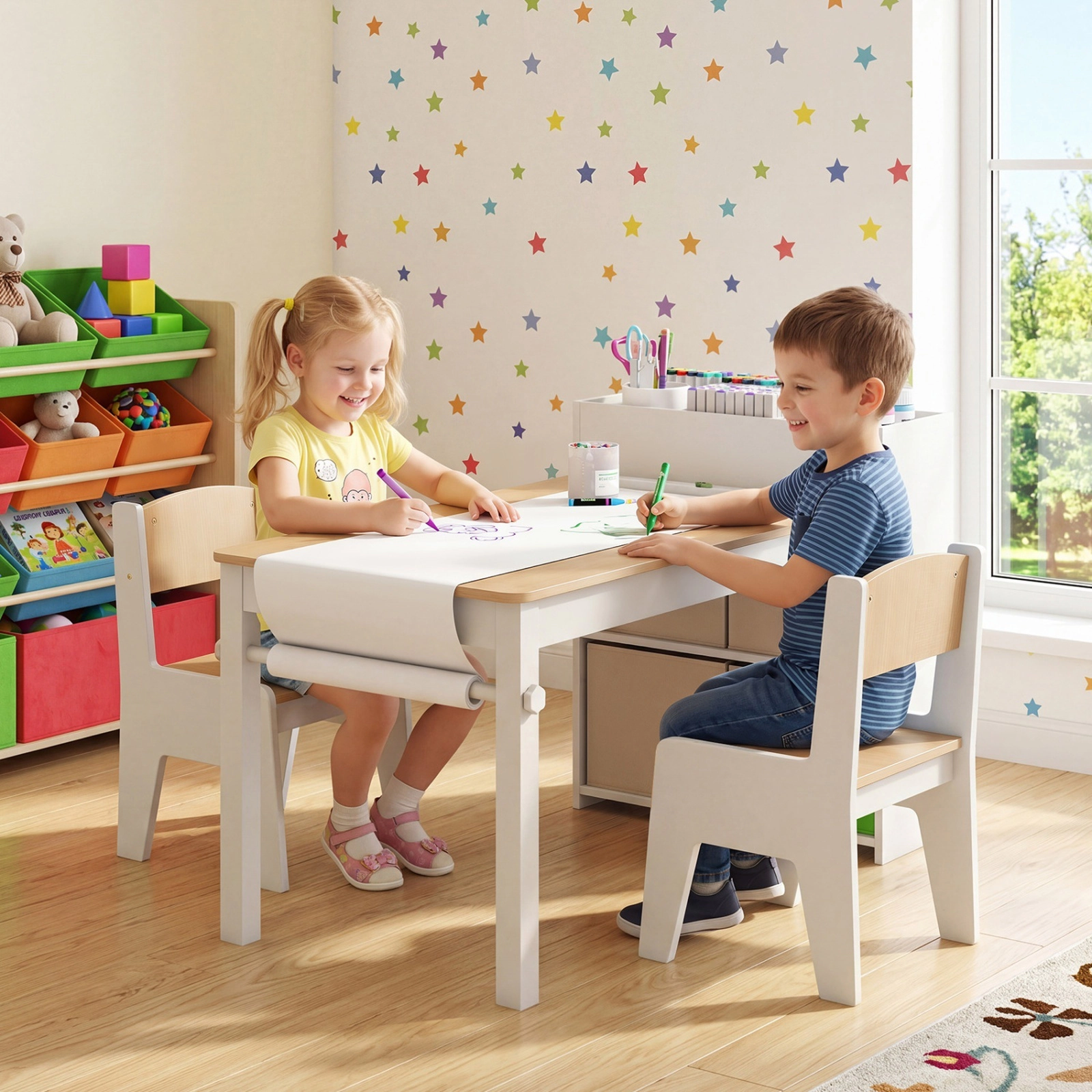 SUGIFT Kids Art Table and Chairs Set, Natural, 2 Chairs, Paper Roll and Storage