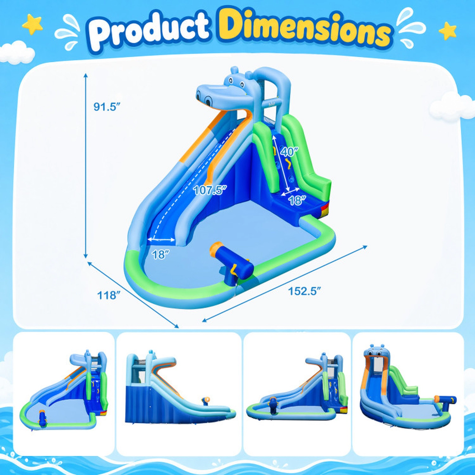 SUGIFT Hippo-Themed Inflatable Water Slide with Climbing Wall and 680W Blower 100-lb Capacity Ages 3-12 Multicolor