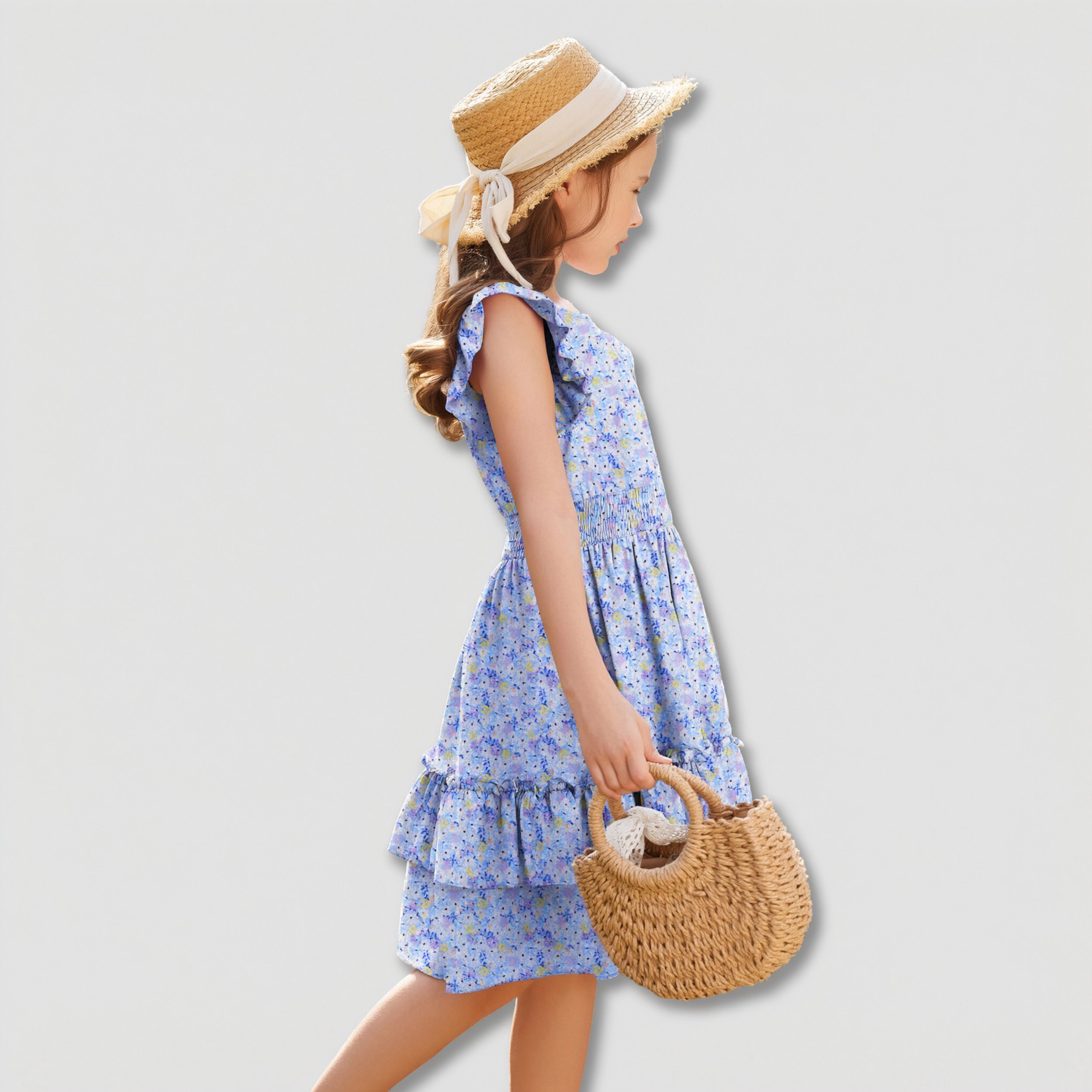 Arshiner Girls Dresses Flutter Sleeve Aline Sundress Casual Summer Tiered Swing Midi Pocket Dress