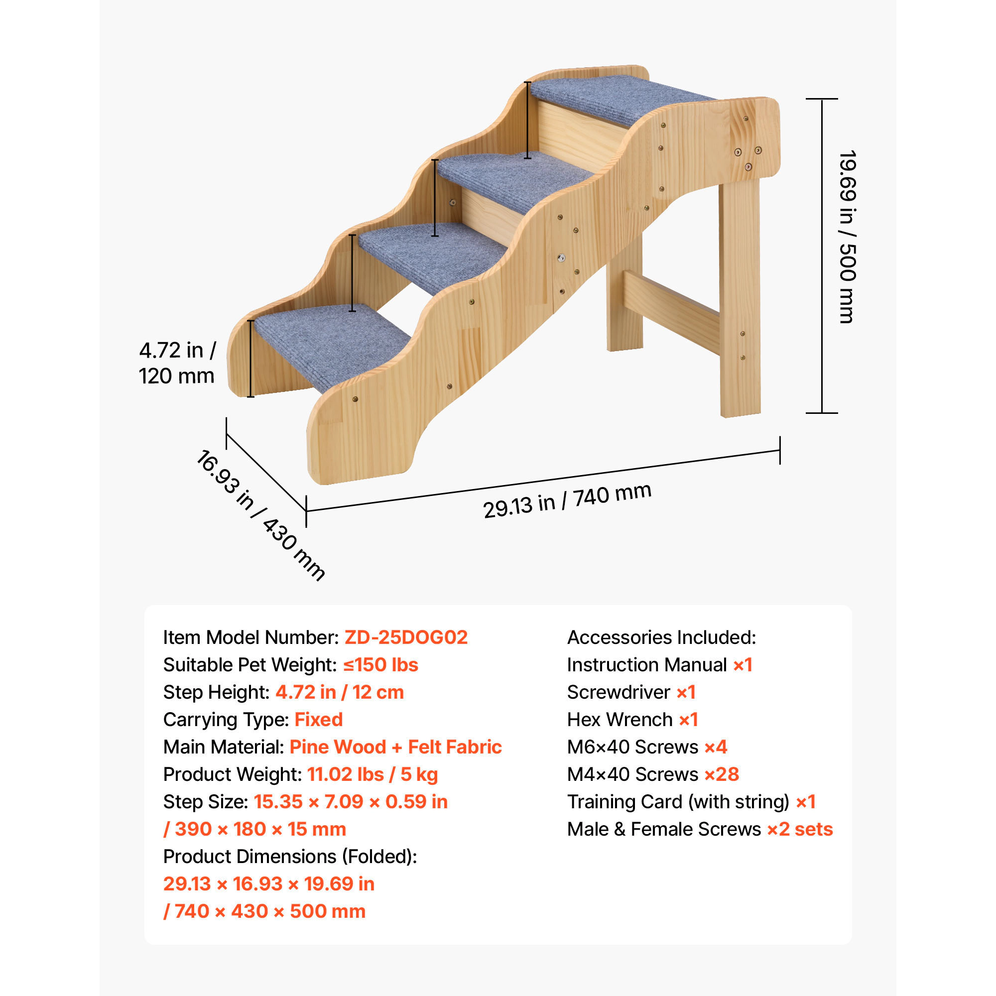 HONGGE 4-Step Non-Folding Wood Dog Stairs for High Beds & Sofas, Fixed Frame, Supports Pets up to 150 lbs
