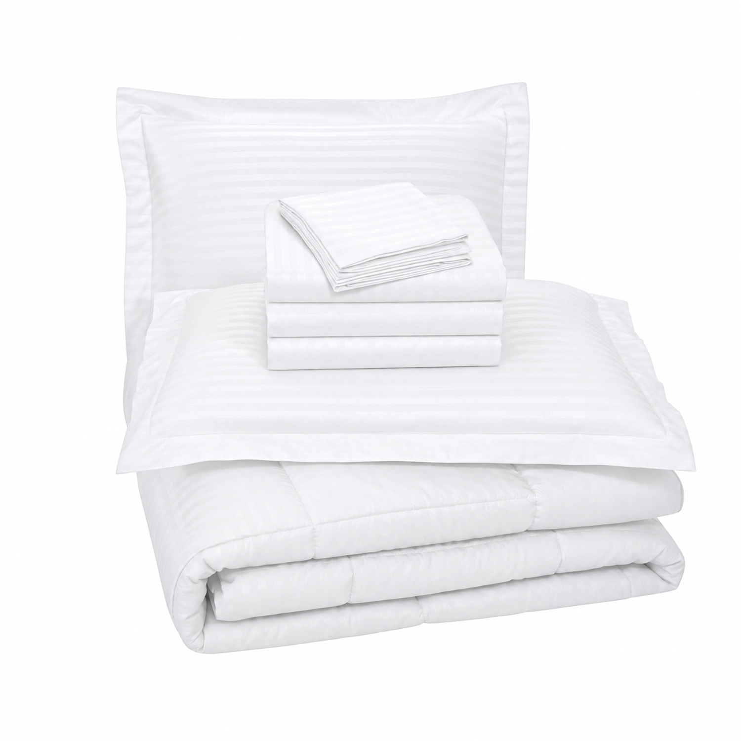 Plazatex 8 PC Embossed Dobby Stripe Comforter Bed in a Bag Set with Sheets & Pillowcases King White