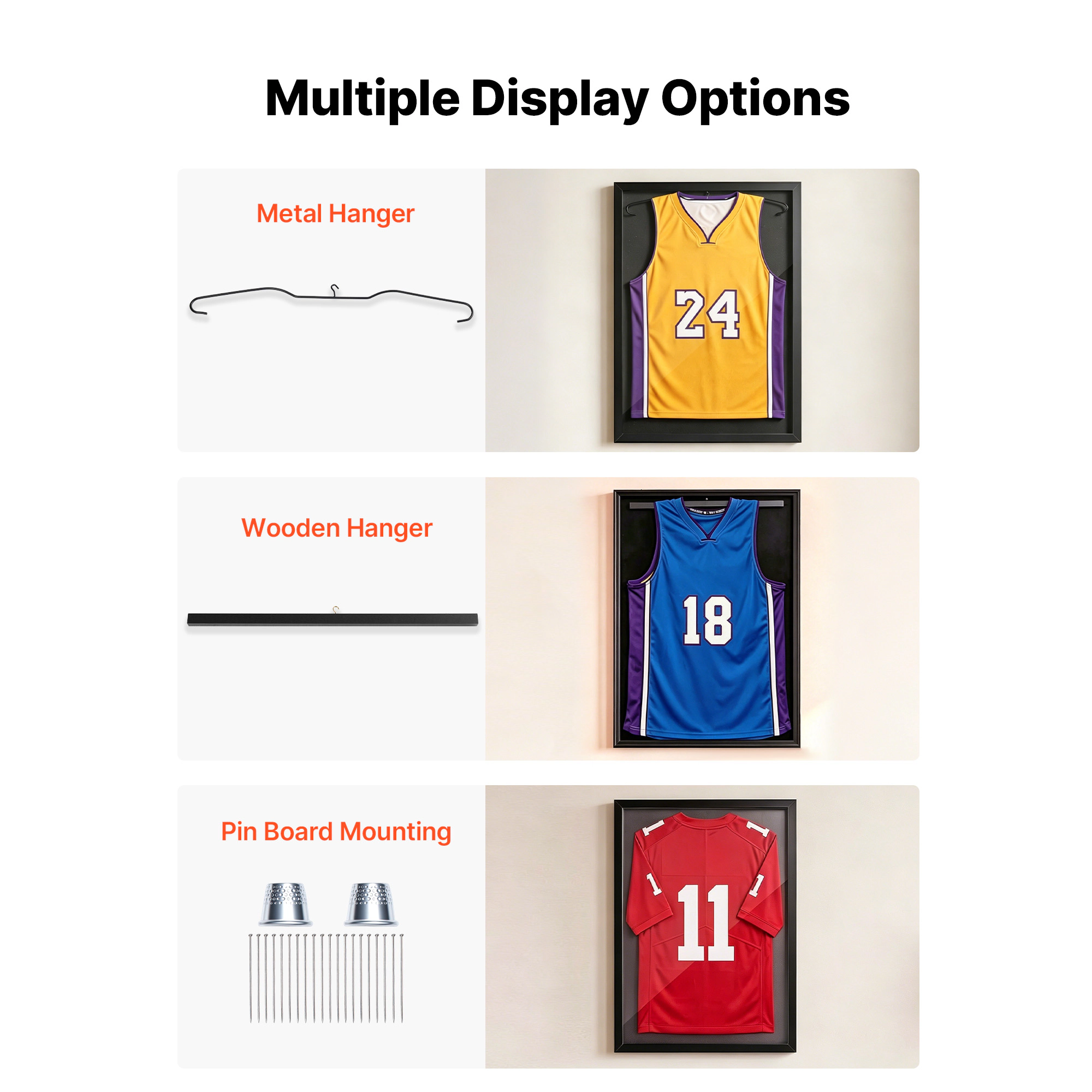 HONGGE Jersey Frame Display Case Wooden Sport Jersey Shadow Box with 98% UV Protection PC Panel and Hanger Magnetic