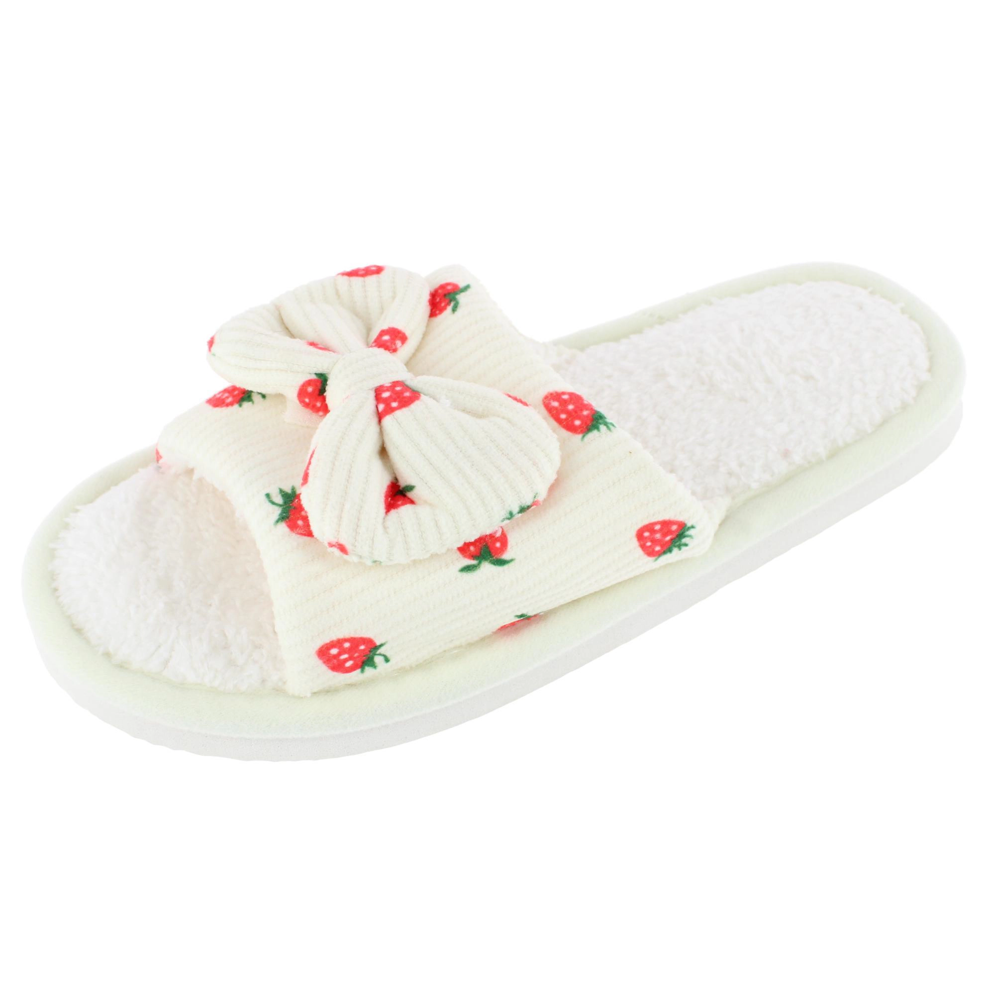 CTM Women's Cozy Strawberry Bow Open Toe House Slipper Slides